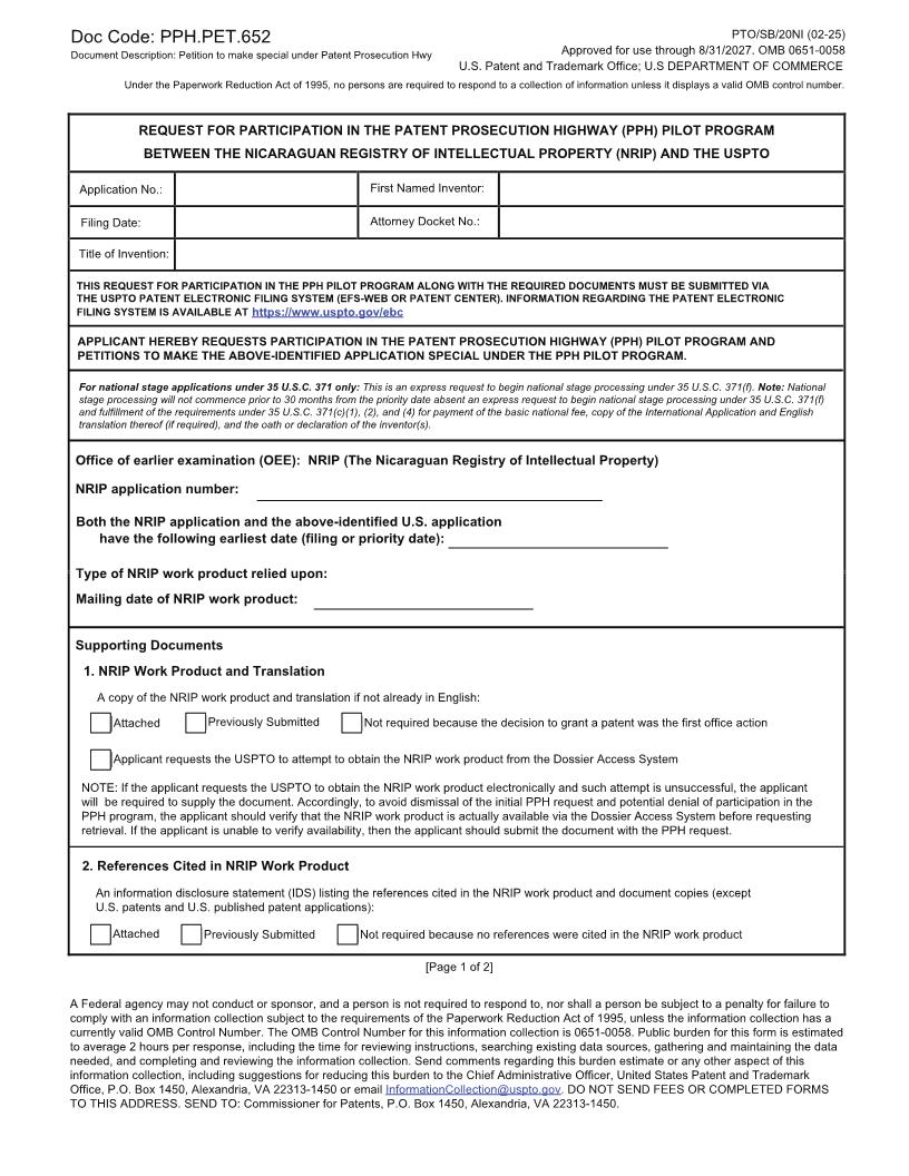 Request For Participation-(PPH) Pilot Program Between (NRIP)-USPTO {PTO-SB-20NI} | Pdf Fpdf Docx | Official Federal Forms