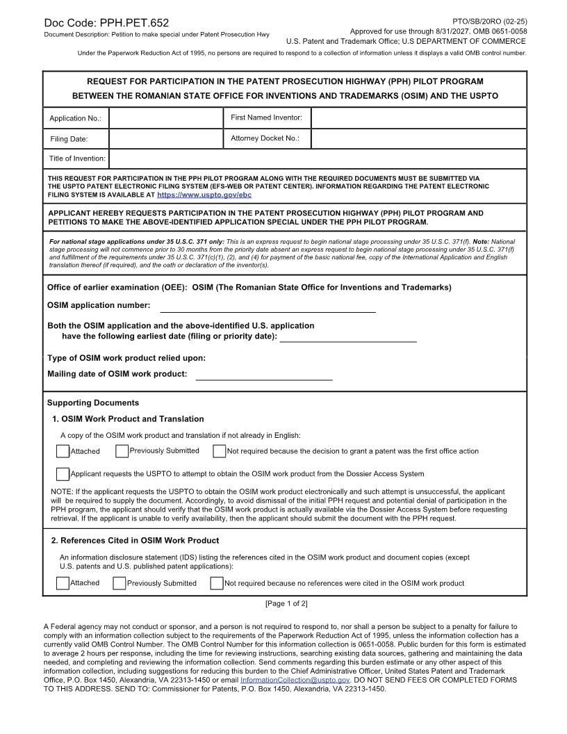 Request For Participation-(PPH) Pilot Program Between (OSIM)-USPTO {PTO-SB-20RO} | Pdf Fpdf Docx | Official Federal Forms