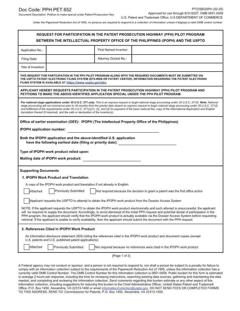 Request For Participation-(PPH) Pilot Program Between-(IPOPH)-(USPTO) {PTO-SB-20PH} | Pdf Fpdf Docx | Official Federal Forms