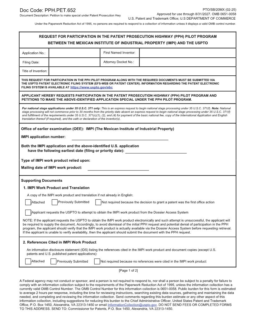 Request For Participation-(PPH) Pilot Program Between-IMPI-USPTO {PTO-SB-20MX} | Pdf Fpdf Docx | Official Federal Forms