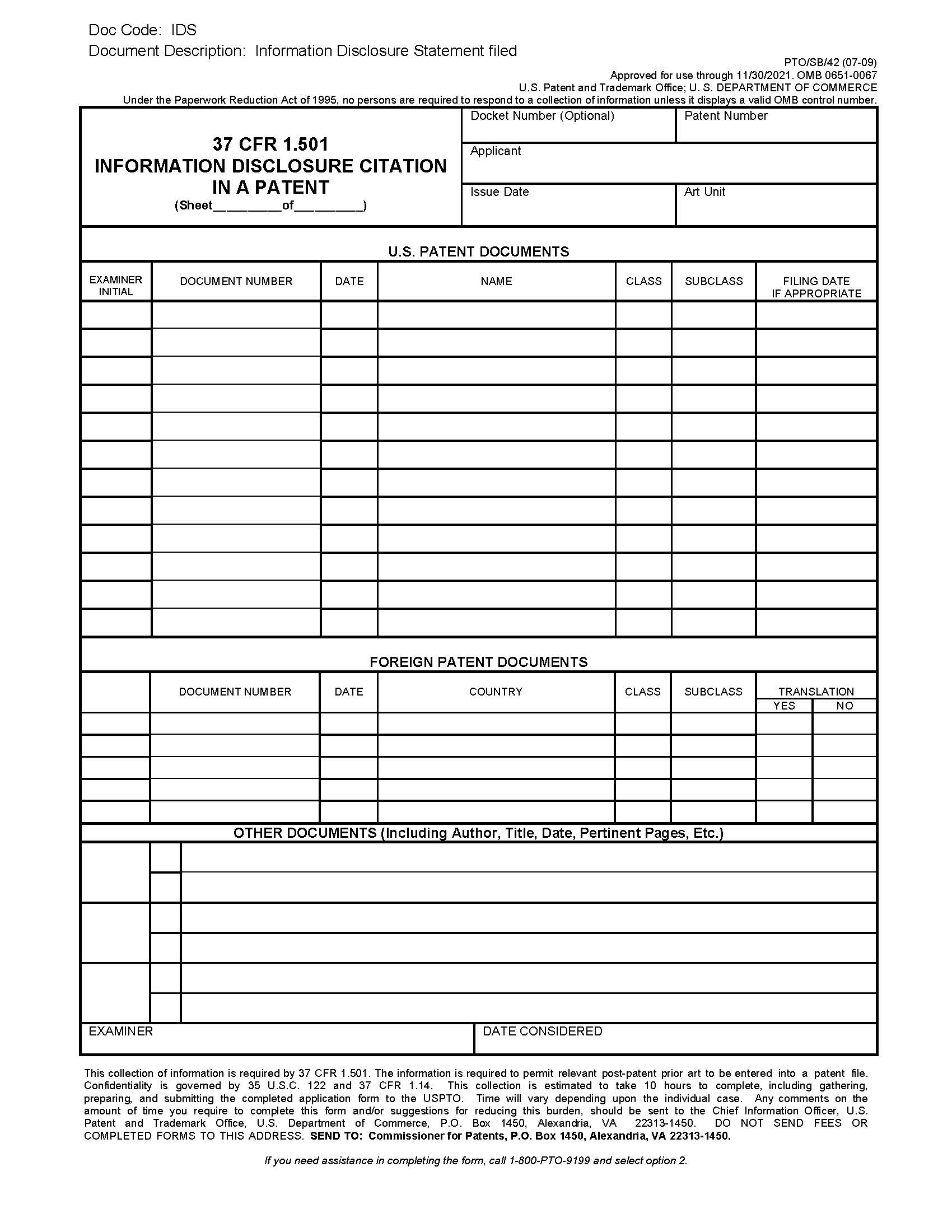 37 CFR 1.501 Information Disclosure Citation In A Patent {PTO-SB-42} | Pdf Fpdf Doc Docx | Official Federal Forms