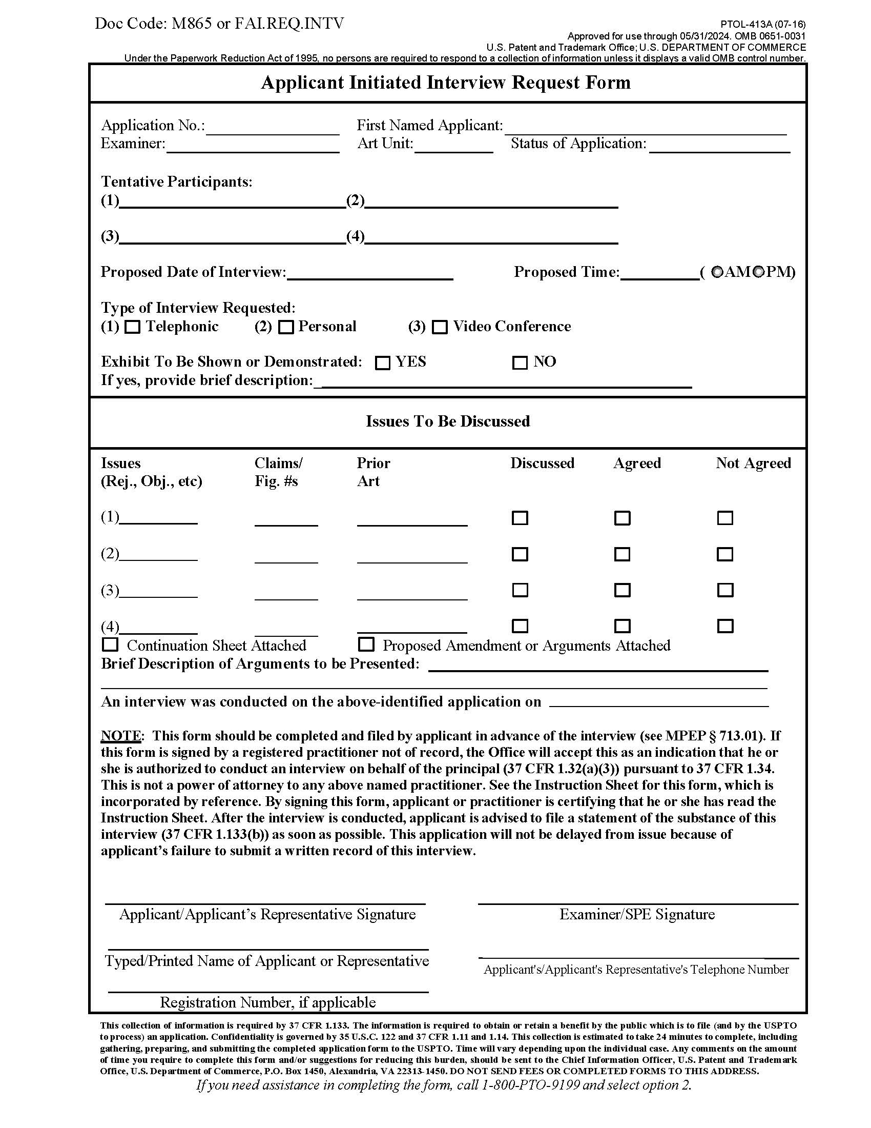 Applicant Initiated Interview Request Form {PTOL-413A} | Pdf Fpdf Docx | Official Federal Forms