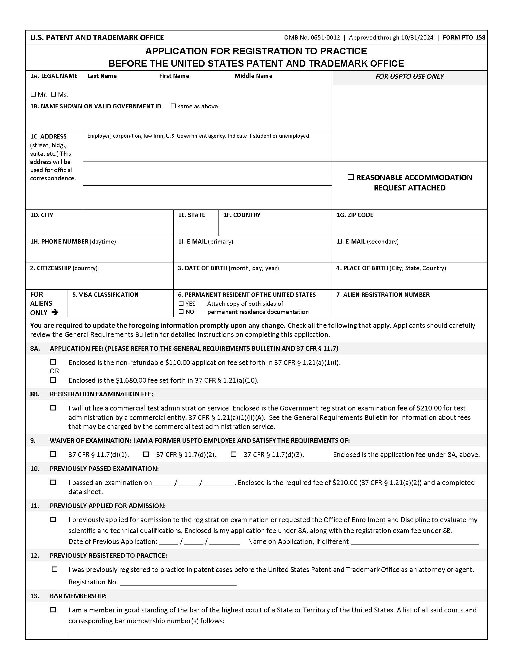 Application For Registration To Practice Before The US Patent And Trademark Office {PTO-158} | Pdf Fpdf Docx | Official Federal Forms