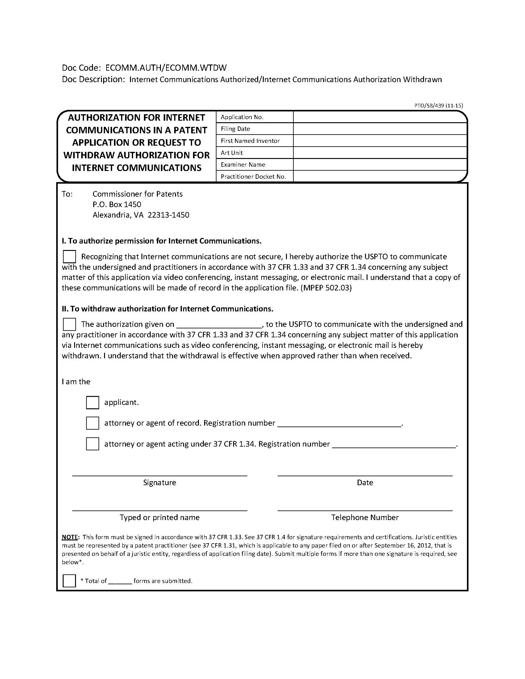 Authorization For Internet Communications In A Patent Application Or Request {PTO-SB-439} | Pdf Fpdf Doc Docx | Official Federal Forms