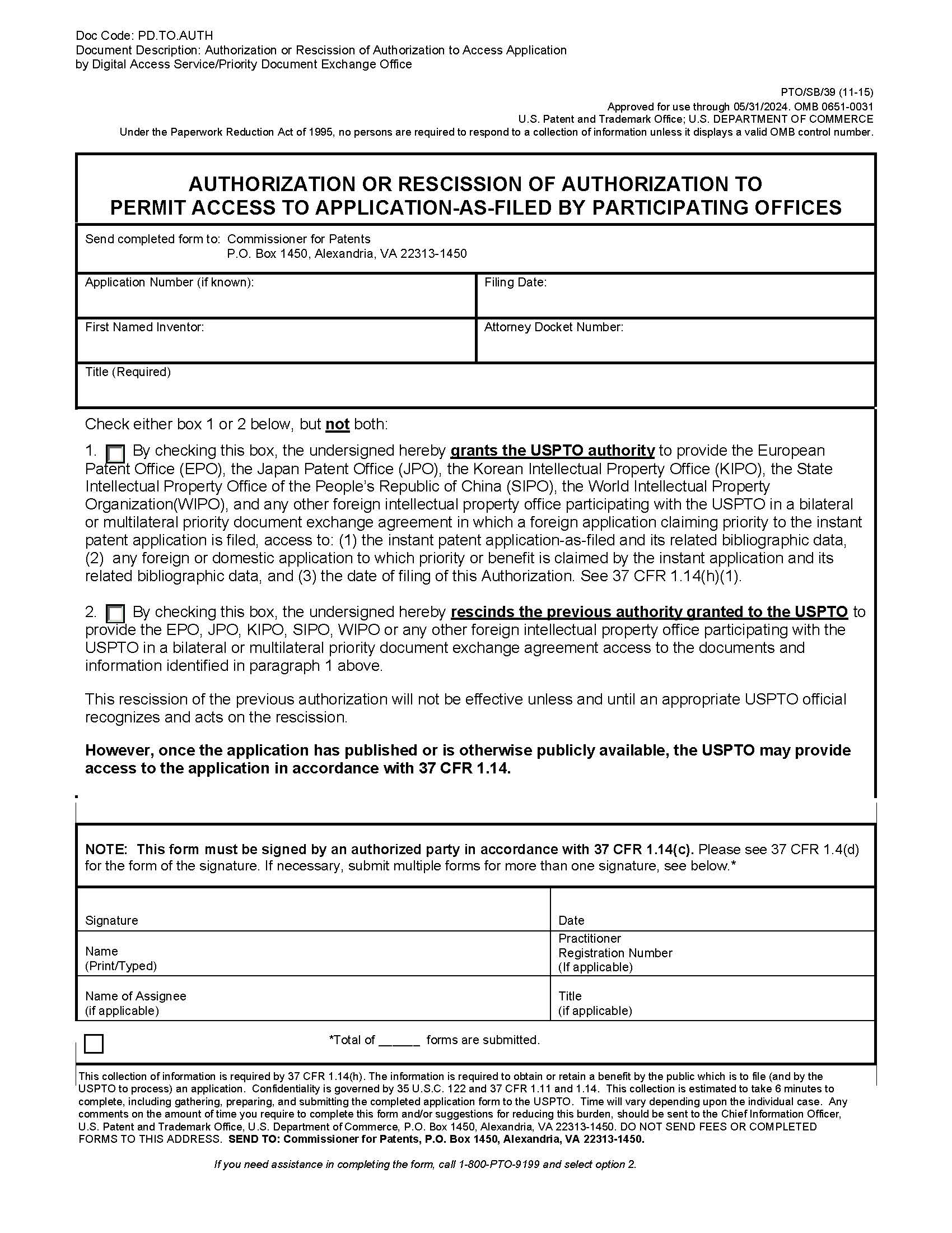 Authorization To Permit Access To Application By Participating Offices {PTO-SB-39} | Pdf Fpdf Doc Docx | Official Federal Forms