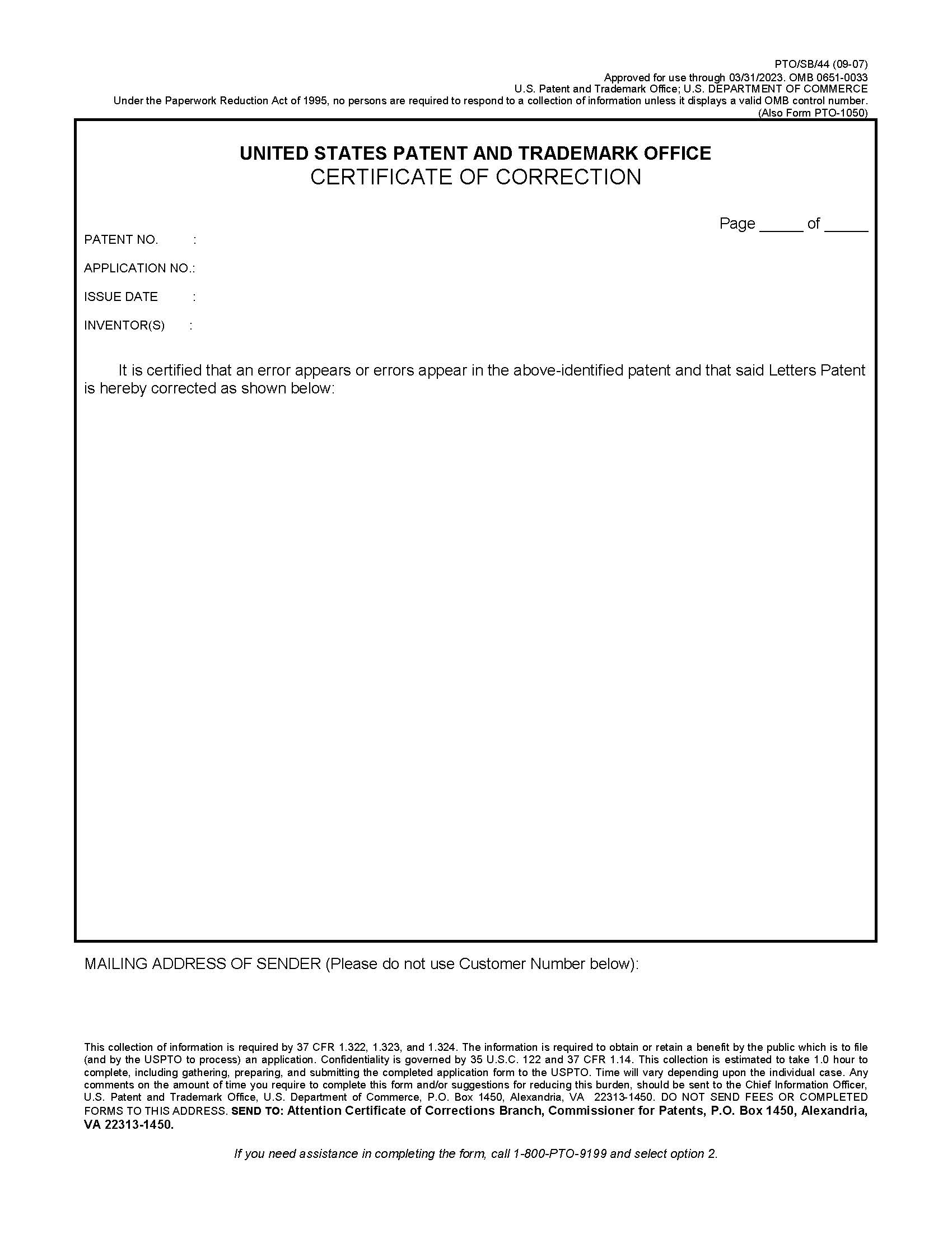 Certificate Of Correction {PTO-SB-44} | Pdf Fpdf Doc Docx | Official Federal Forms