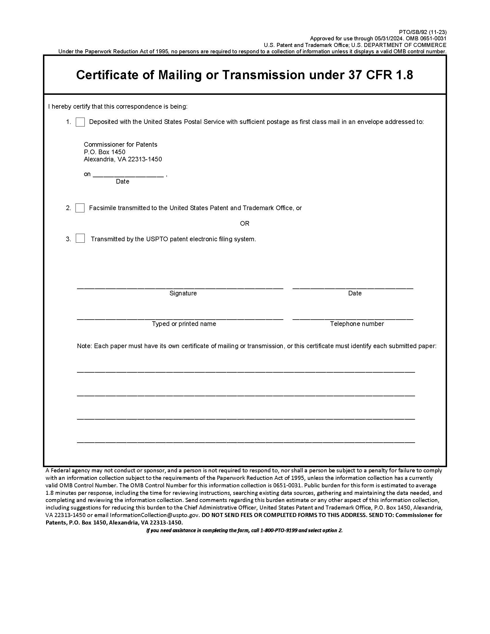 Certificate Of Mailing Under 37 CFR 1.8 {PTO-SB-92} | Pdf Fpdf Doc Docx | Official Federal Forms