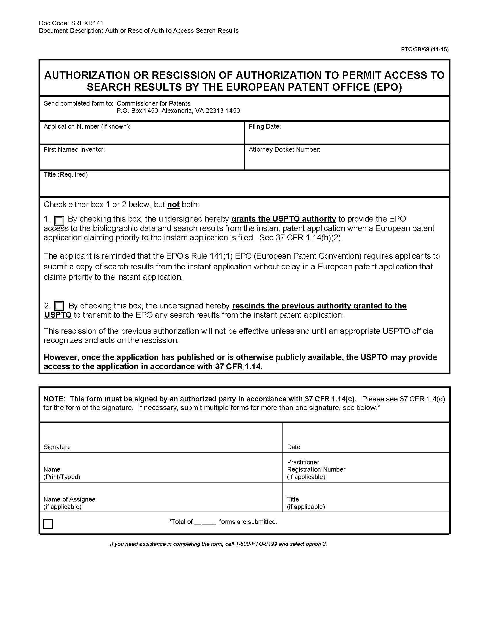 Certification And Authorization To Permit Access To Search Results By EPO {PTO-SB-69} | Pdf Fpdf Doc Docx | Official Federal Forms