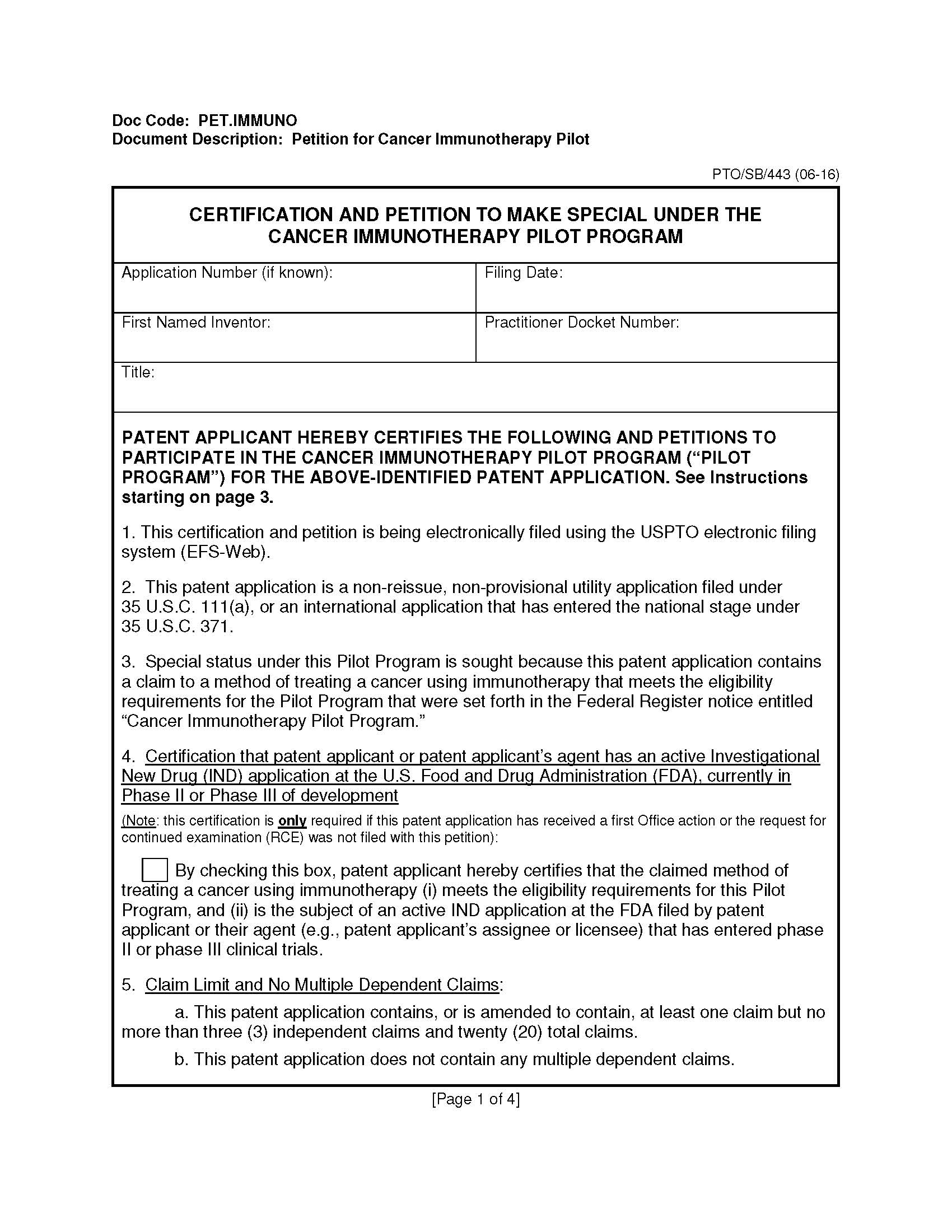 Certification And Petition To Make Special Under The Cancer Immunotherapy Pilot Program {PTO-SB-443} | Pdf Fpdf Doc Docx | Official Federal Forms