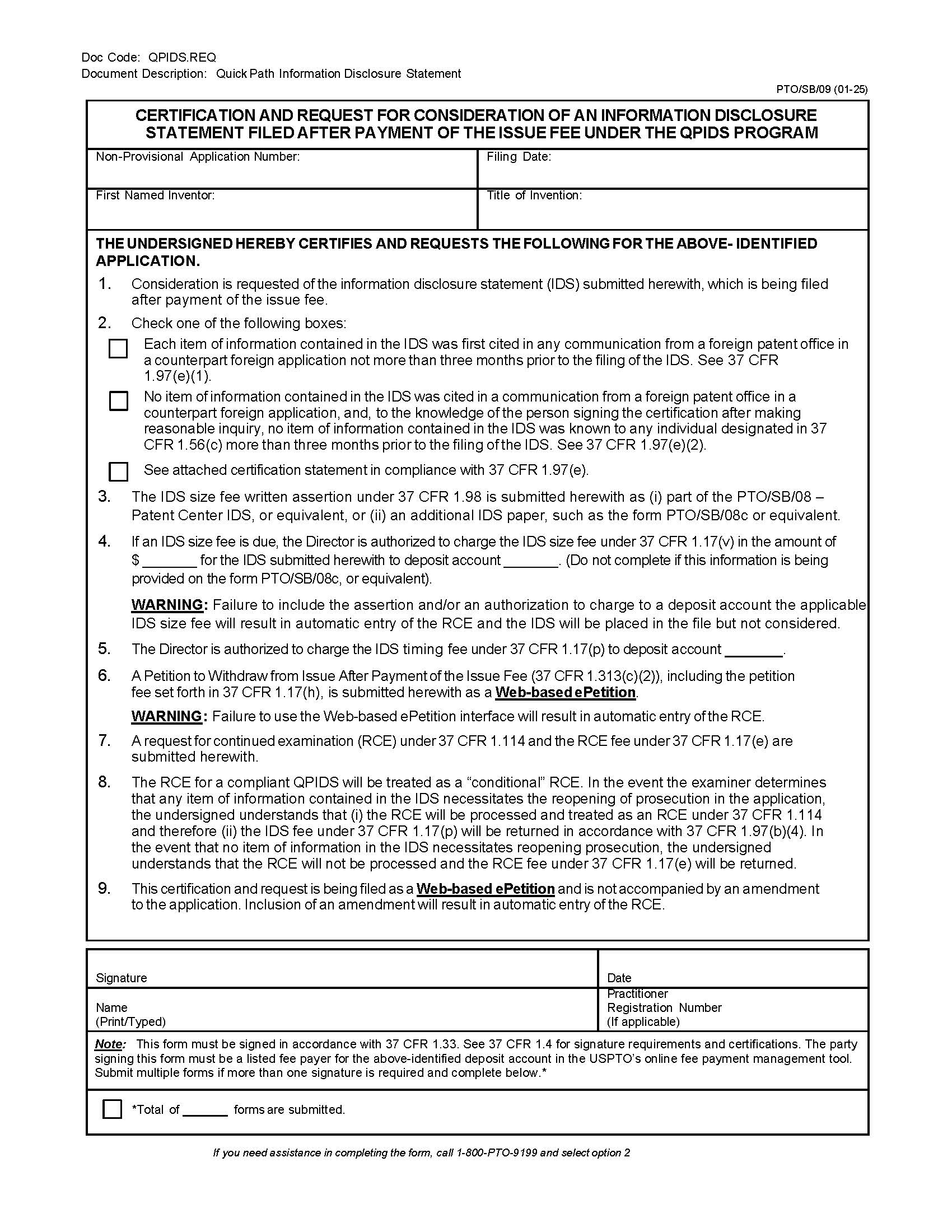 Certification And Request For Consideration Of Information Disclosure Statement {PTO-SB-09} | Pdf Fpdf Docx | Official Federal Forms