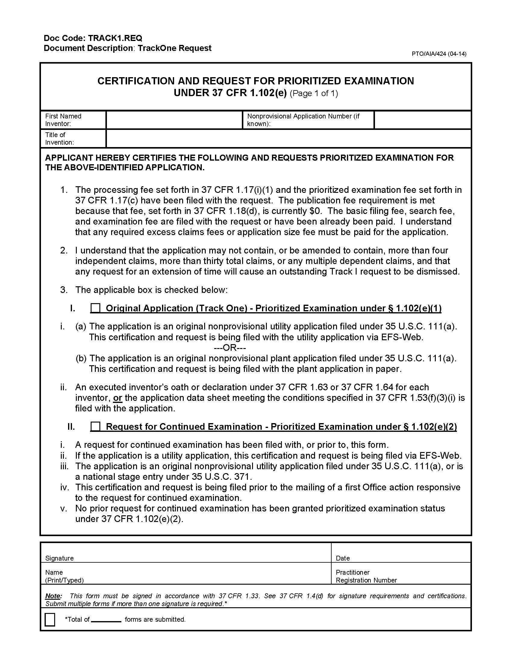 Certification And Request For Prioritized Examination {PTO-AIA-424} | Pdf Fpdf Doc Docx | Official Federal Forms