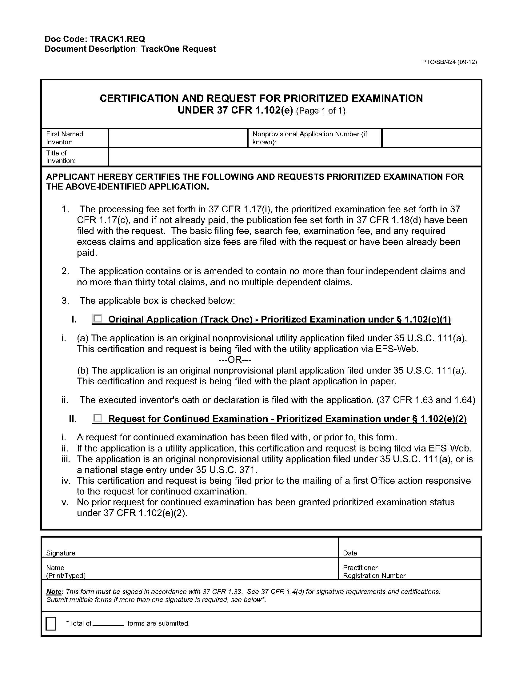 Certification And Request For Prioritized Examination Under 37 CFR 1.102e {PTO-SB-424} | Pdf Fpdf Doc Docx | Official Federal Forms