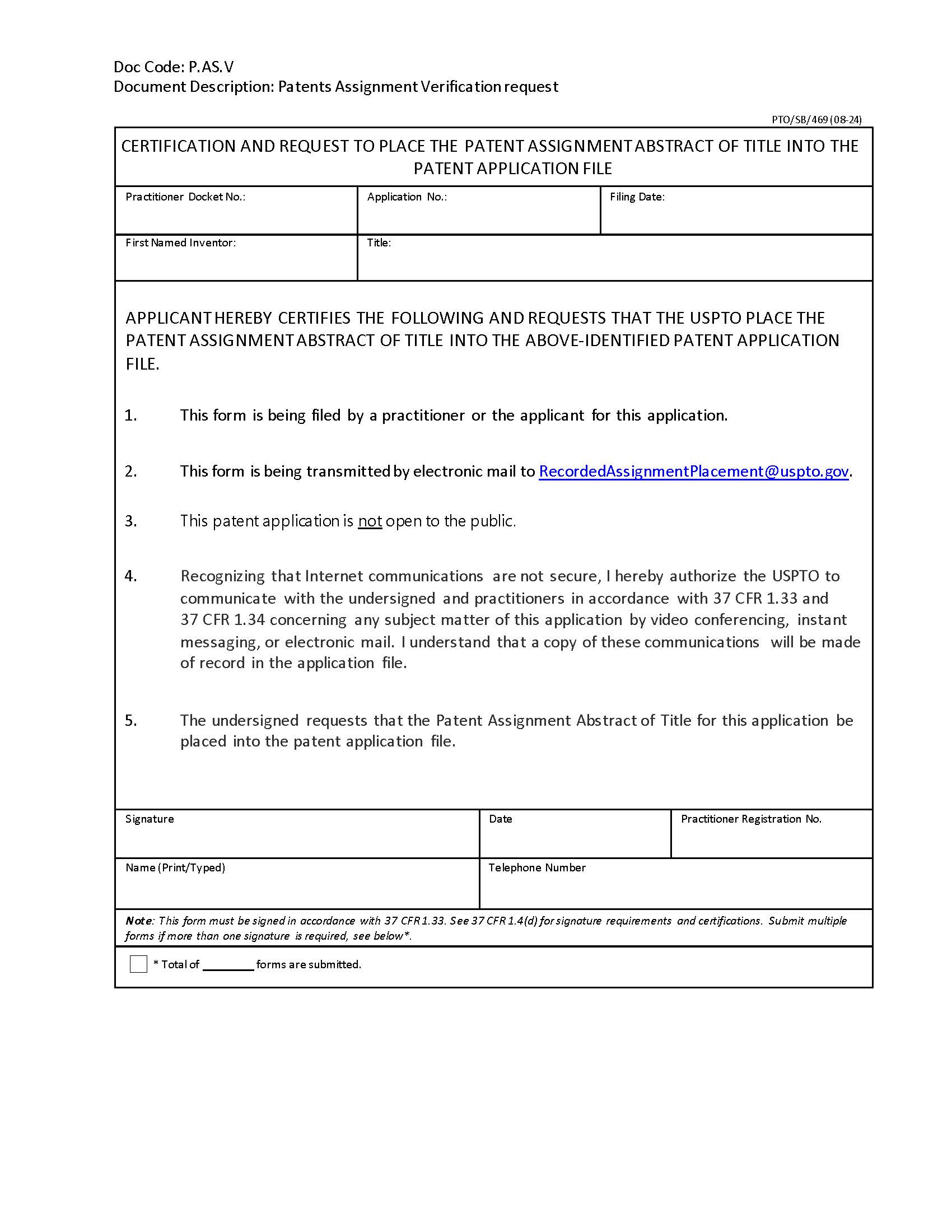 Certification And Request To Place The Patent Assignment Abstract Of Title {PTO-SB-469} | Pdf Fpdf Docx | Official Federal Forms