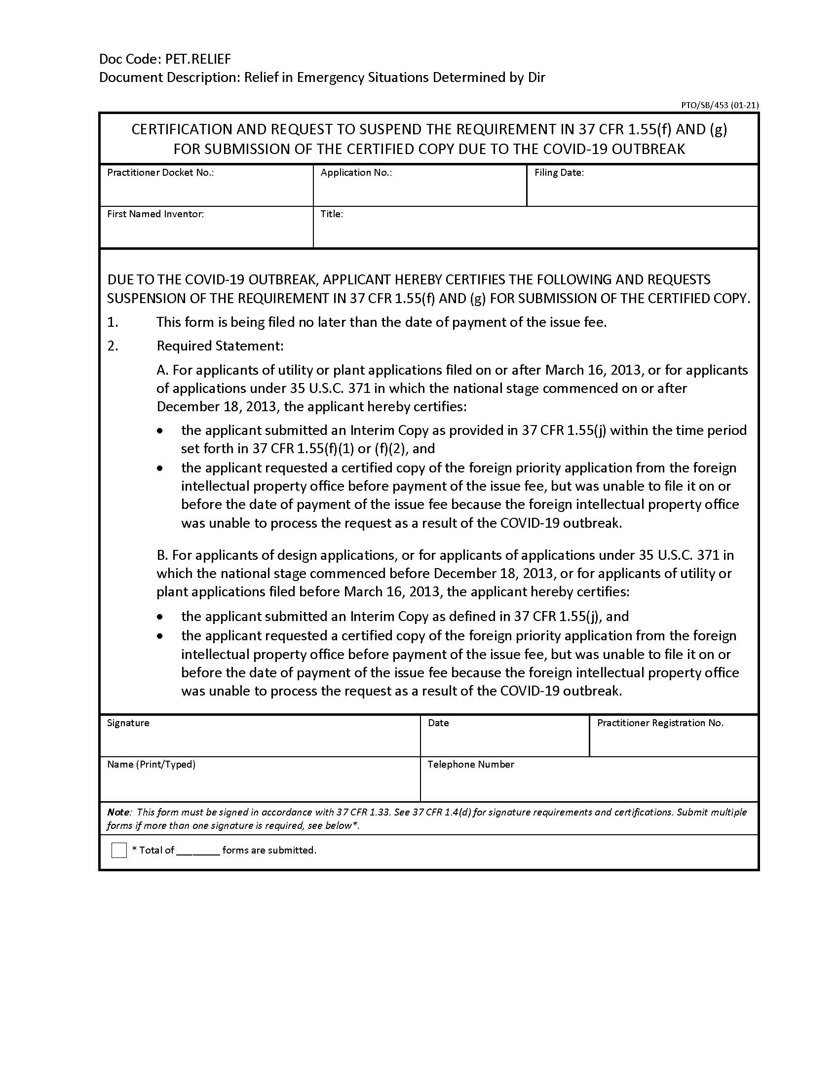 Certification And Request To Suspend The Requirement In 37 CFR 1.55(f) And (g) {PTO-SB-453} | Pdf Fpdf Docx | Official Federal Forms
