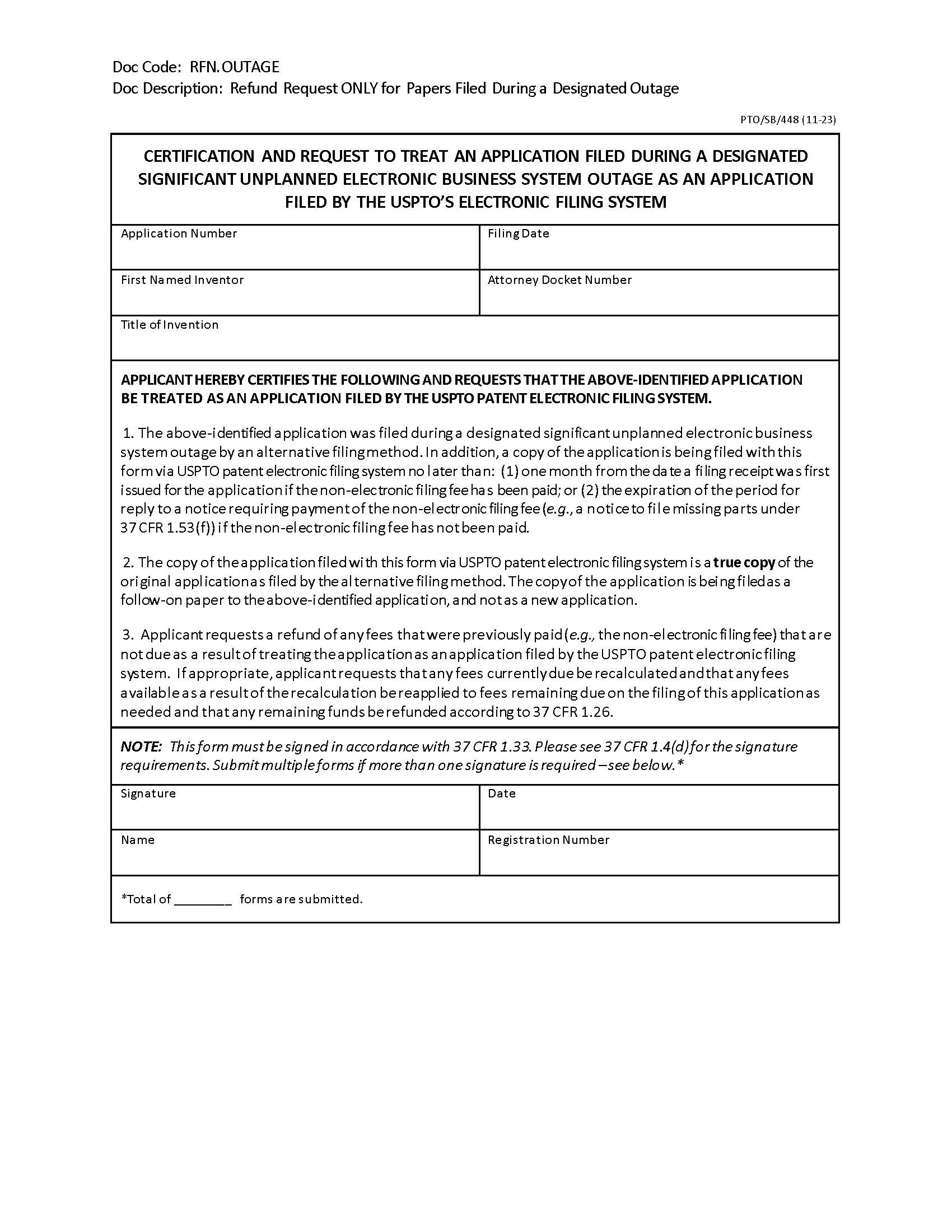 Certification And Request To Treat An Application Filed During-System Outage {PTO-SB-448} | Pdf Fpdf Docx | Official Federal Forms