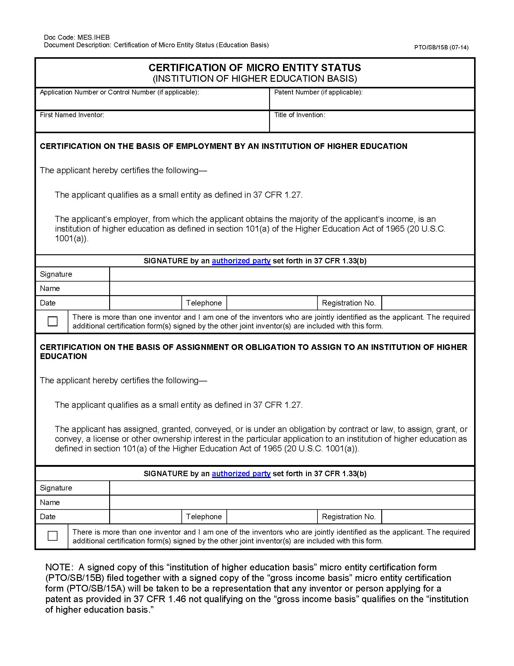Certification Of Micro Entity Status (Institution Of Higher Educations Basis) {PTO-SB-15B} | Pdf Fpdf Doc Docx | Official Federal Forms