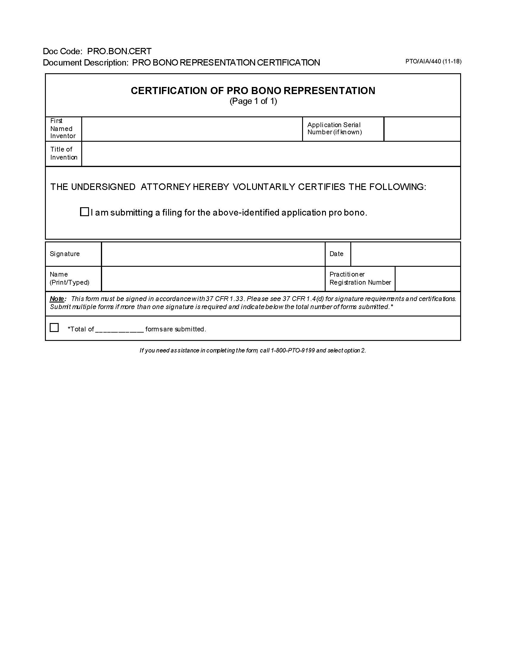 Certification Of Pro Bono Representation {PTO-AIA-440} | Pdf Fpdf Docx | Official Federal Forms