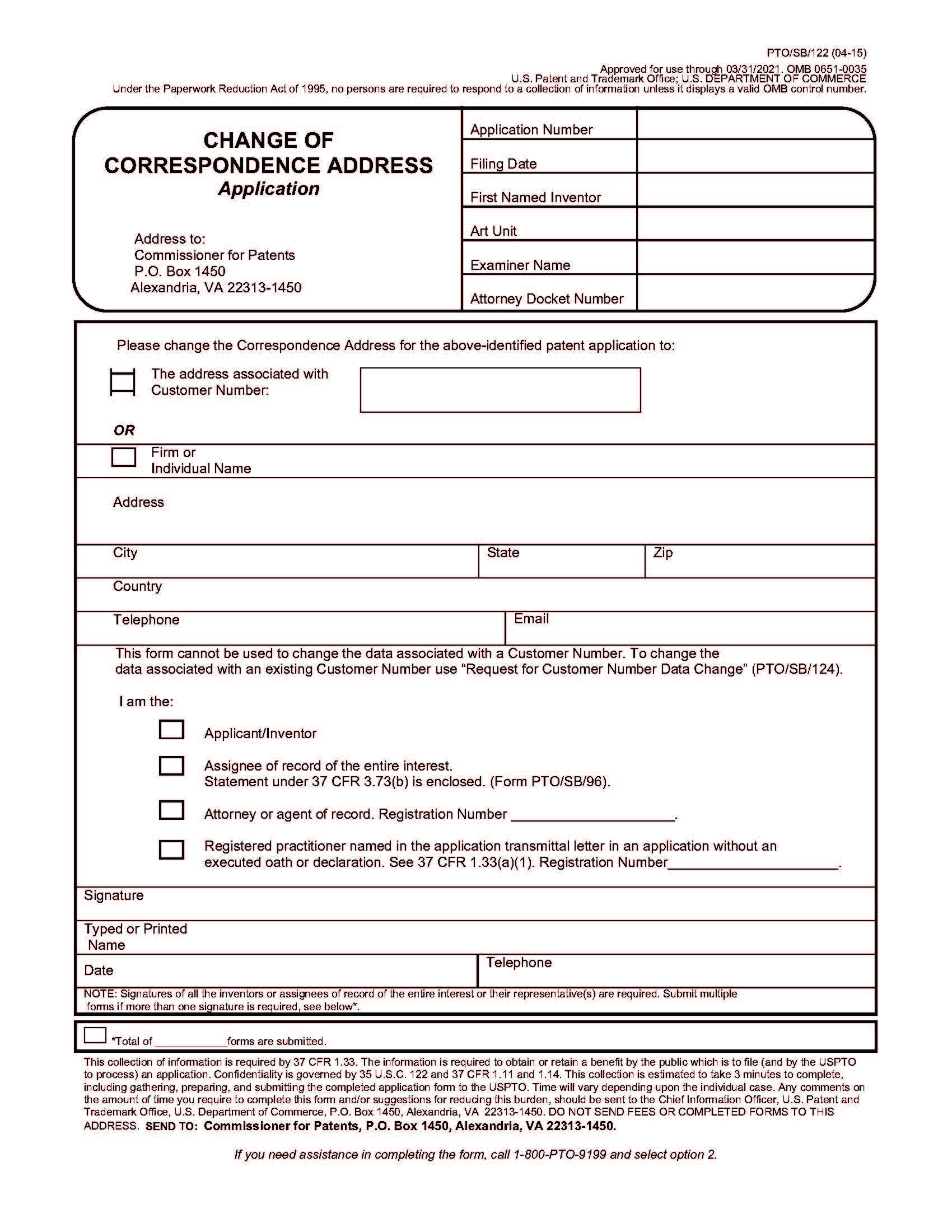 Change Of Correspondence Address Application {PTO-SB-122} | Pdf Fpdf Docx | Official Federal Forms