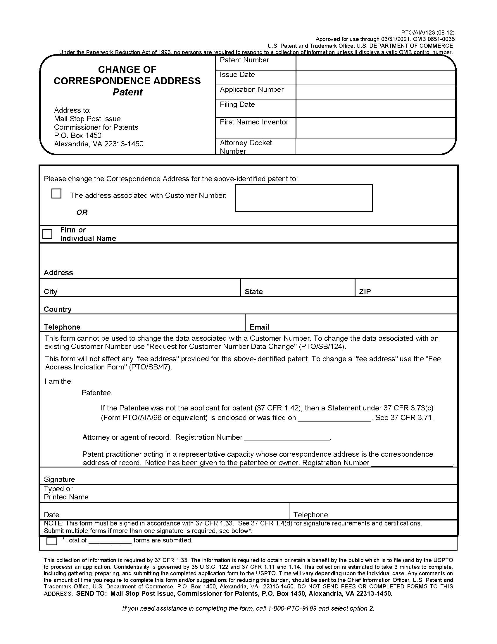 Change Of Correspondence Address Patent {PTO-AIA-123} | Pdf Fpdf Docx | Official Federal Forms