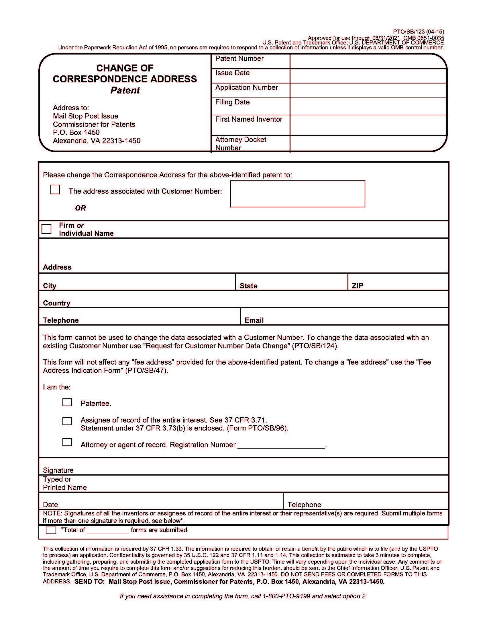 Change Of Correspondence Address Patent {PTO-SB-123} | Pdf Fpdf Docx | Official Federal Forms