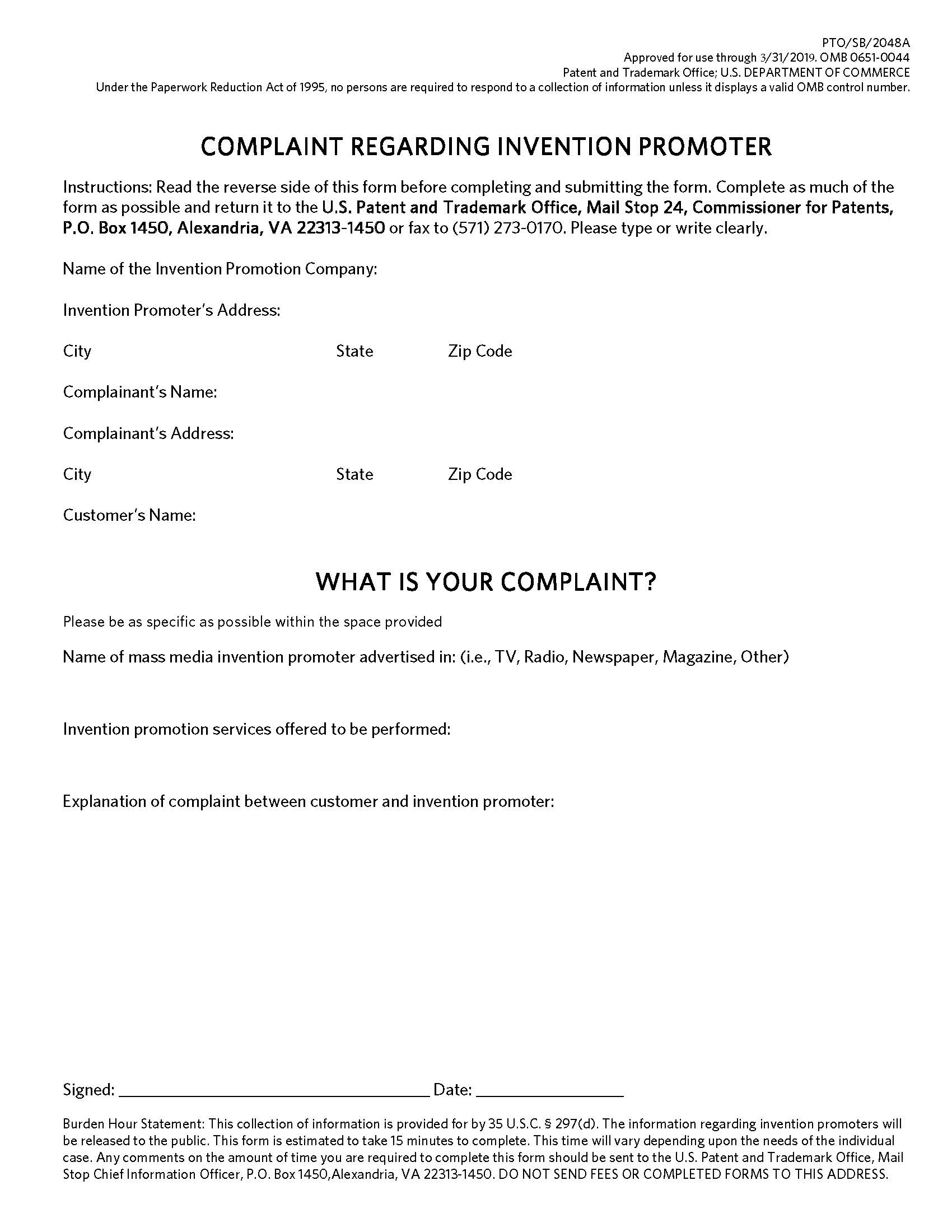 Complaint Regarding Invention Promoter {PTO-SB-2048A} | Pdf Fpdf Doc Docx | Official Federal Forms