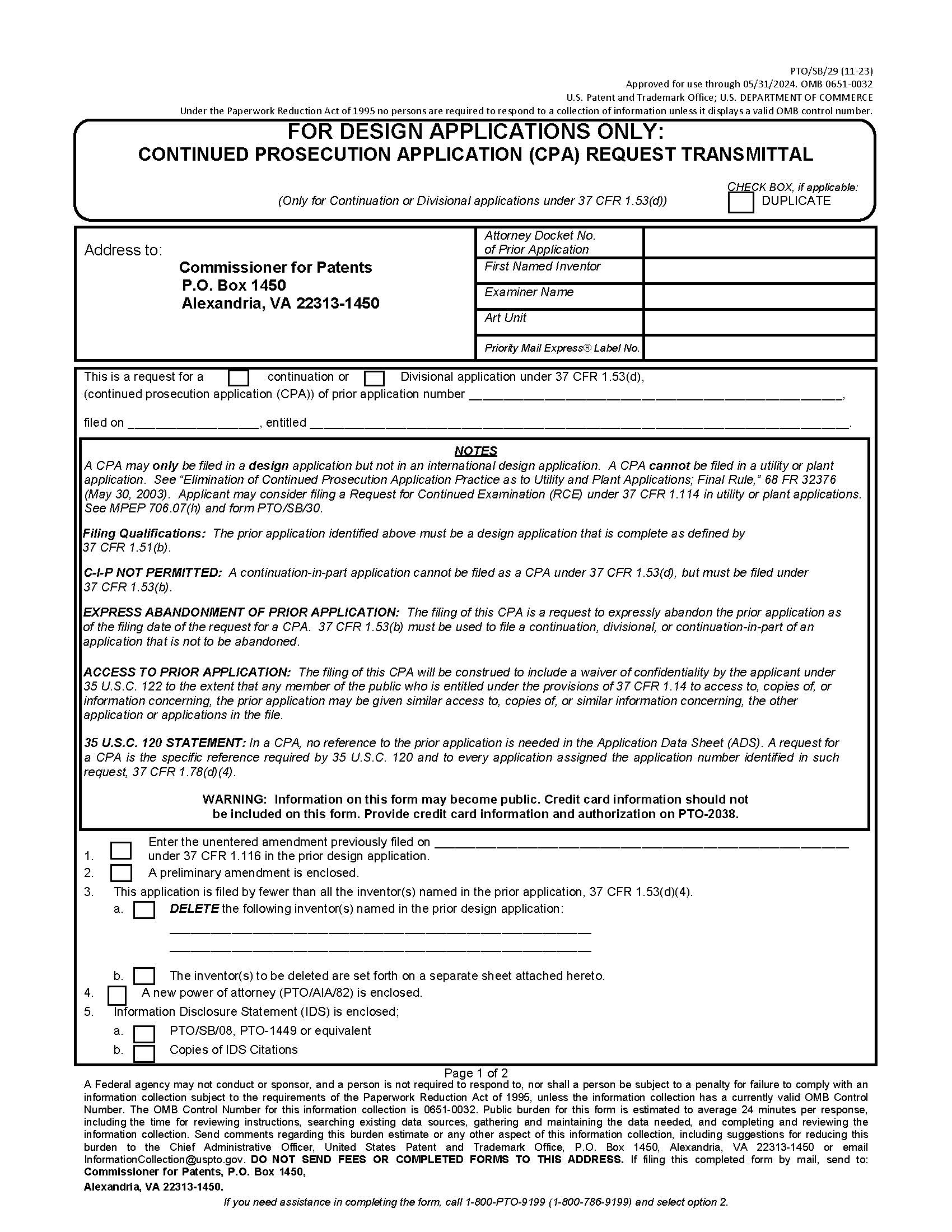Continued Prosecution Application Request Transmittal {PTO-SB-29} | Pdf Fpdf Doc Docx | Official Federal Forms
