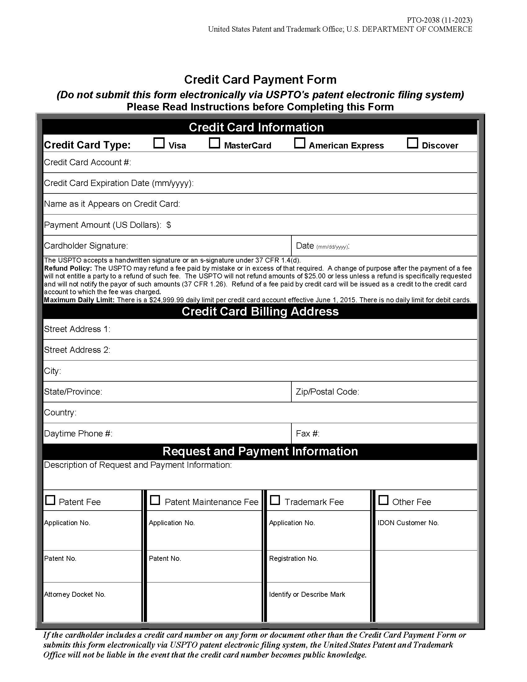 Credit Card Payment Form (And Instructions) {PTO-2038} | Pdf Fpdf Docx | Official Federal Forms