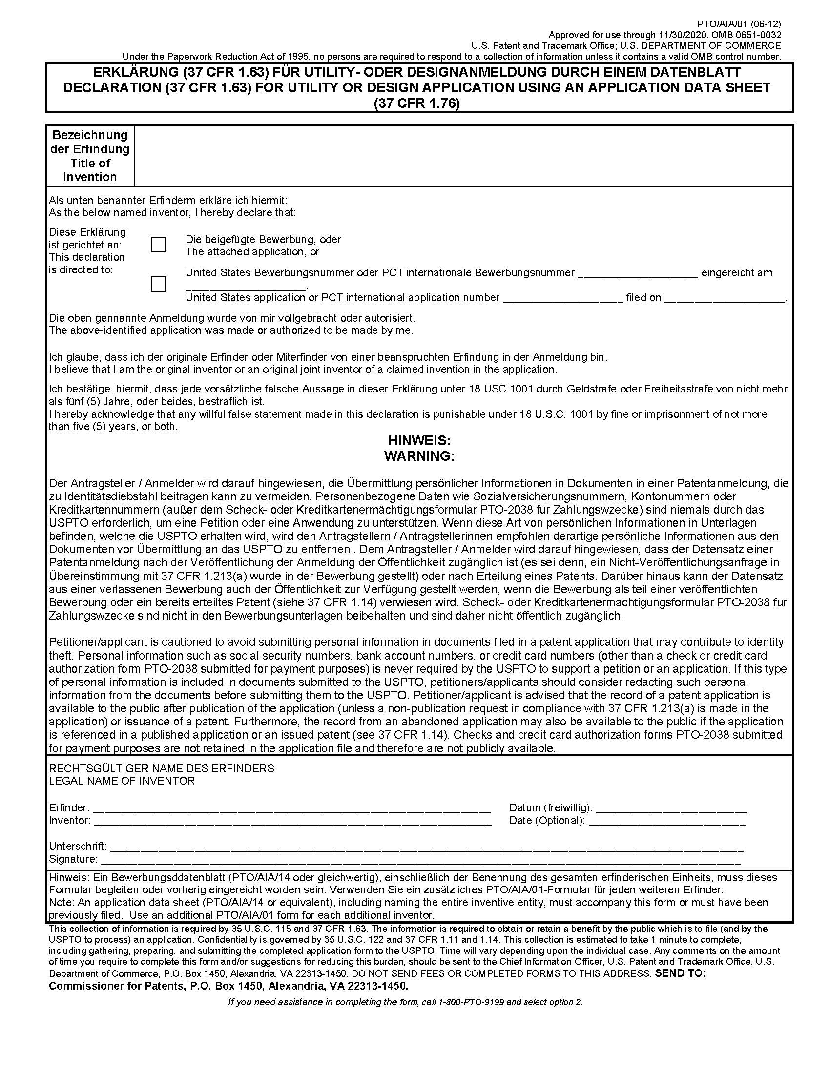 Declaration (37 CFR 1.63) For Utility Or Design Application (German Language Declaration) {PTO-AIA-01DE} | Pdf Fpdf Doc Docx | Official Federal Forms