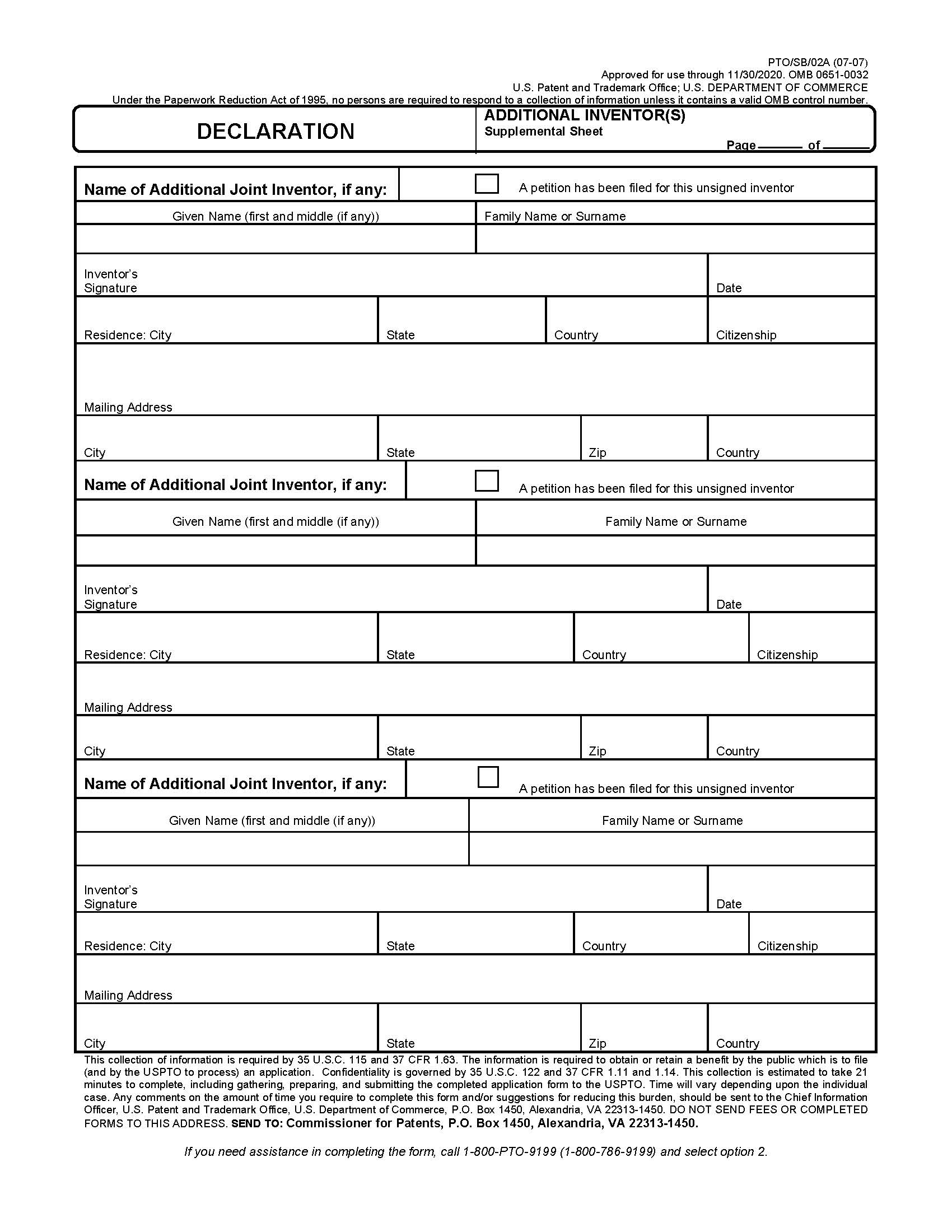 Declaration Additional Inventors Supplemental Sheet (Filed Before 9-16-12) {PTO-SB-02} | Pdf Fpdf Doc Docx | Official Federal Forms