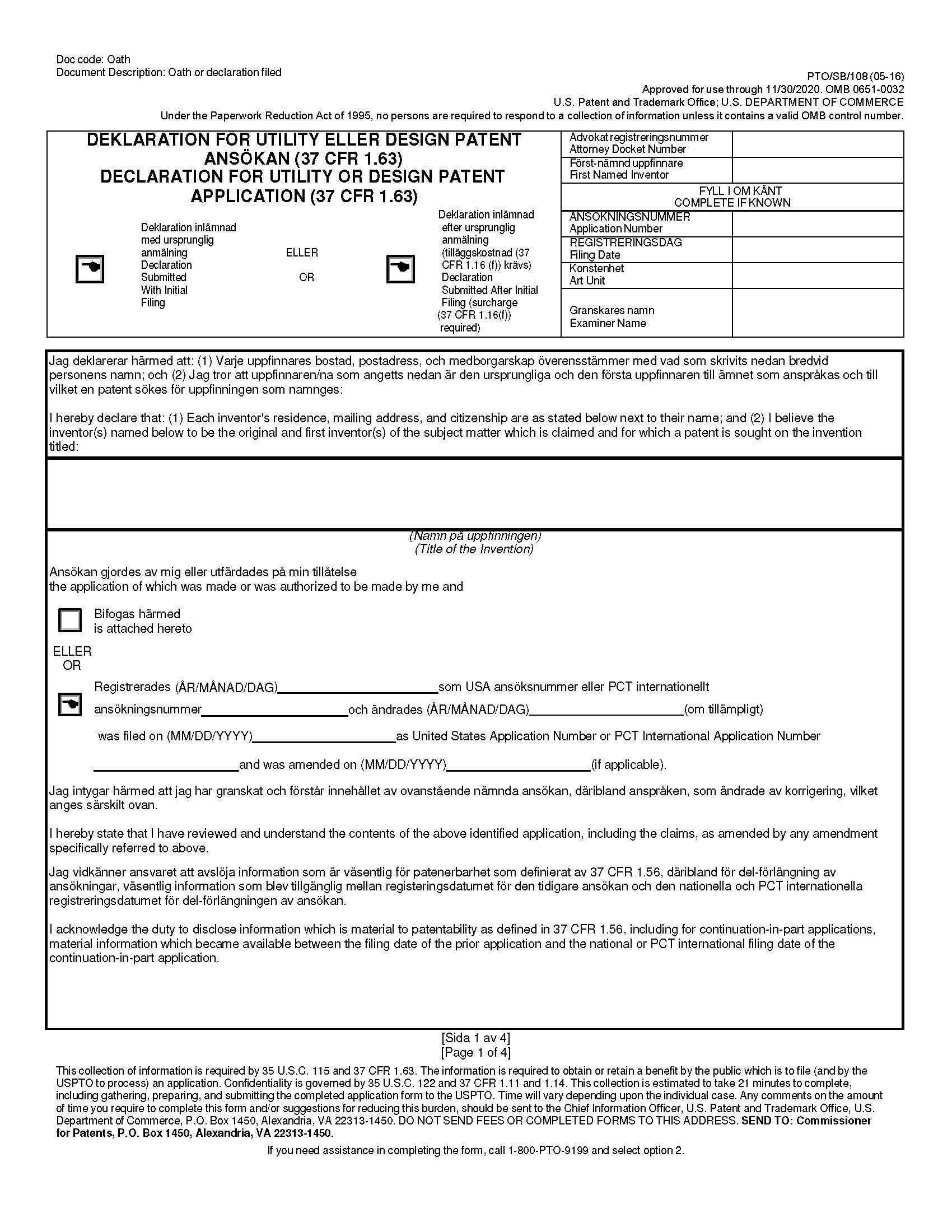 Declaration And Power Of Attorney For Patent Application (Swedish Language Declaration) {PTO-SB-108} | Pdf Fpdf Doc Docx | Official Federal Forms