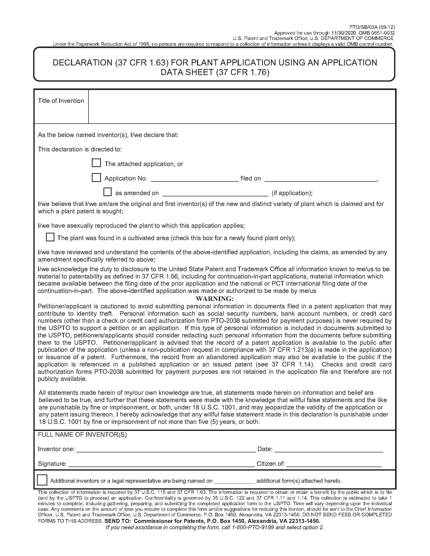 Declaration For Plant Application Using An Application Data Sheet {PTO-SB-03A} | Pdf Fpdf Docx | Official Federal Forms