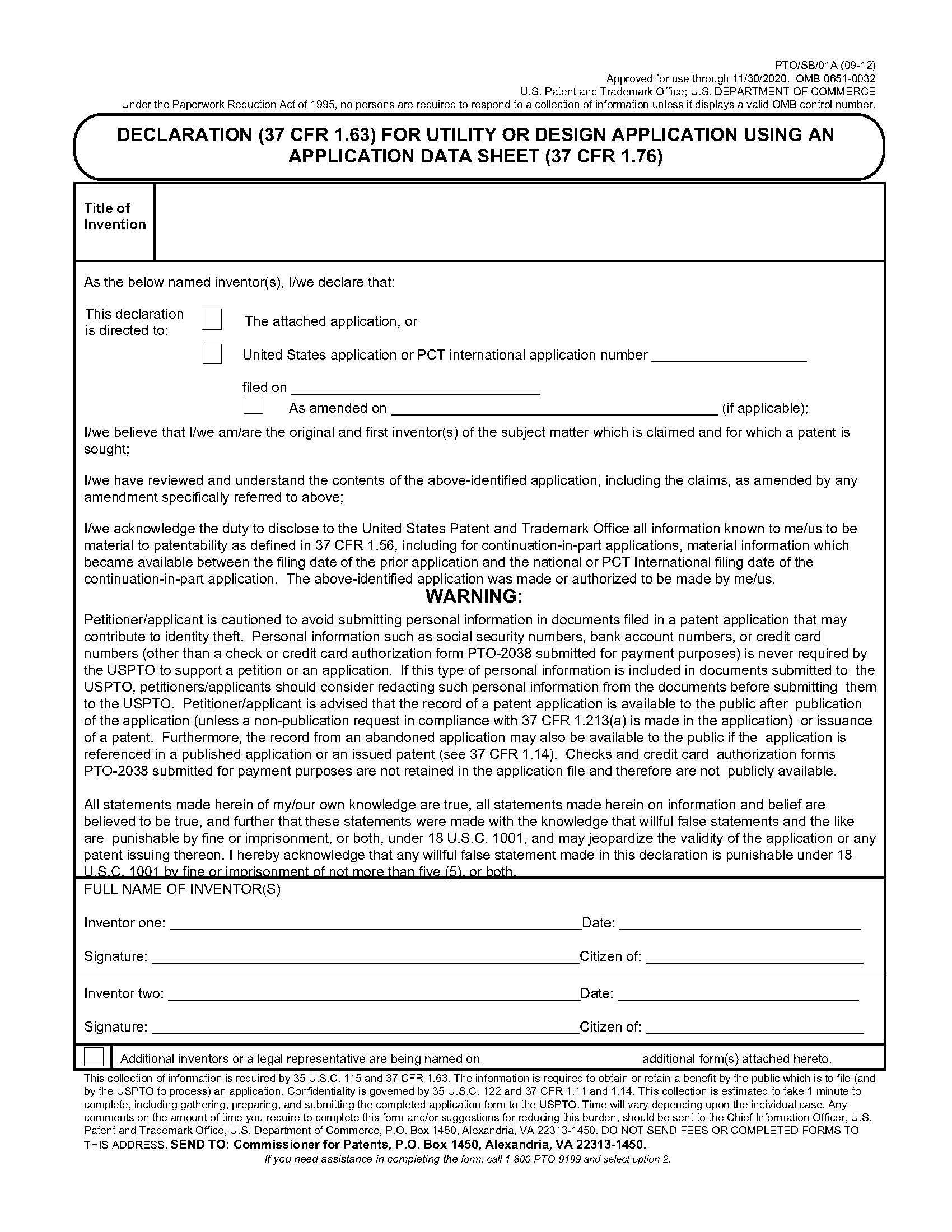 Declaration For Utility Or Design Application Using An Application Data Sheet (Filed Before 9-16-12) {PTO-SB-01A} | Pdf Fpdf Doc Docx | Official Federal Forms