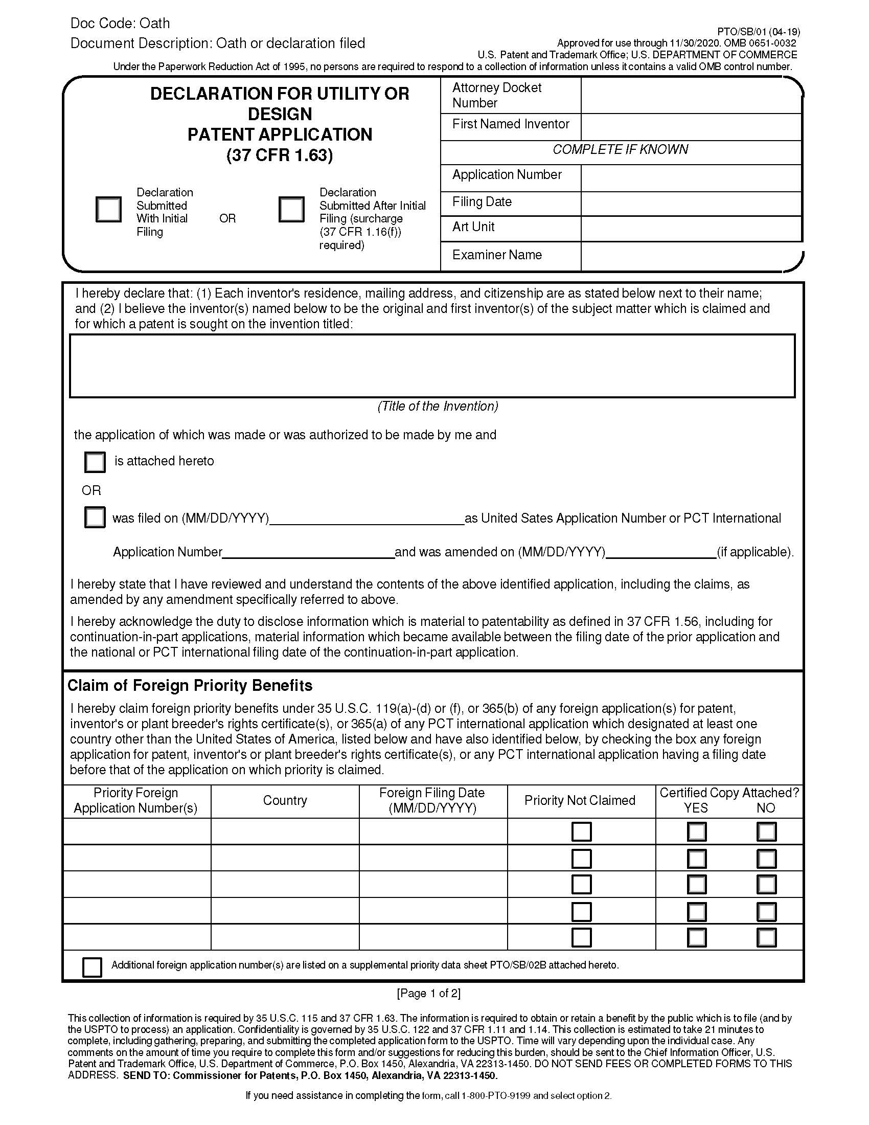 Declaration For Utility Or Design Patent Application (Filed Before 9-16-12) {PTO-SB-01} | Pdf Fpdf Docx | Official Federal Forms