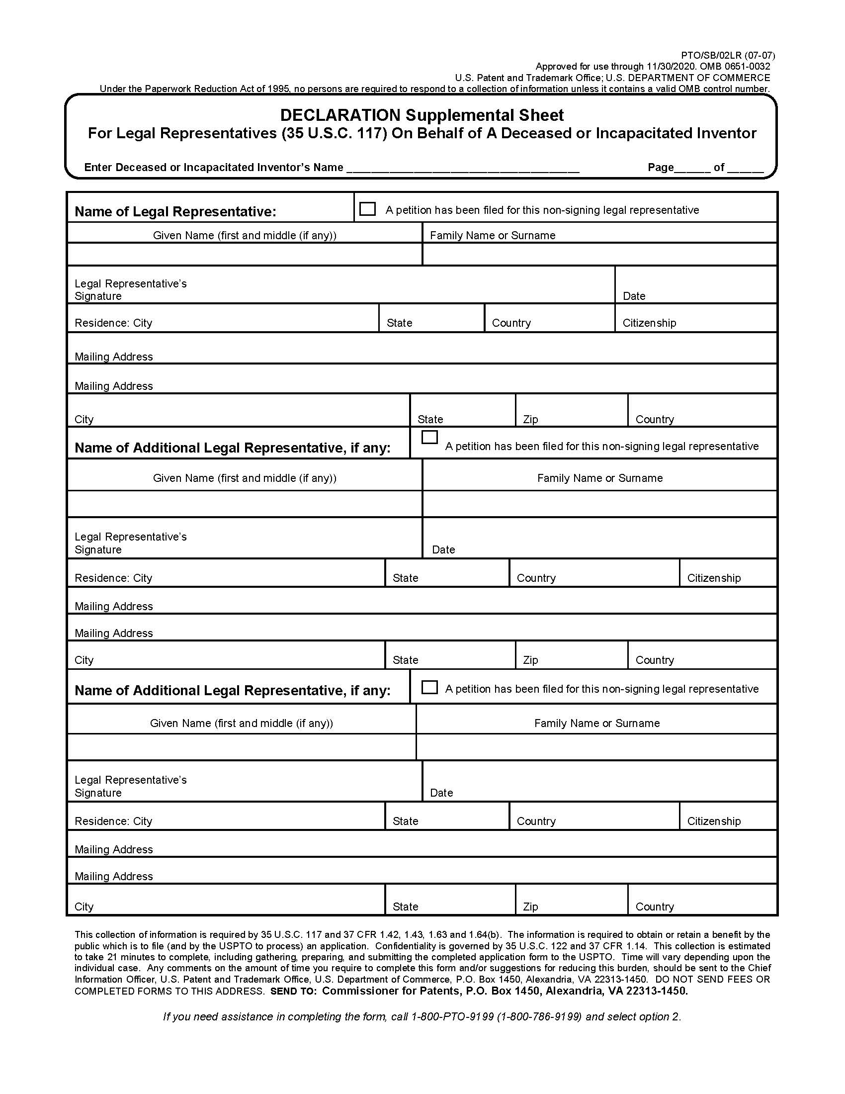 Declaration Legal Representatives (35 USC 117 ) Supplemental Sheet {PTO-SB-02LR} | Pdf Fpdf Doc Docx | Official Federal Forms