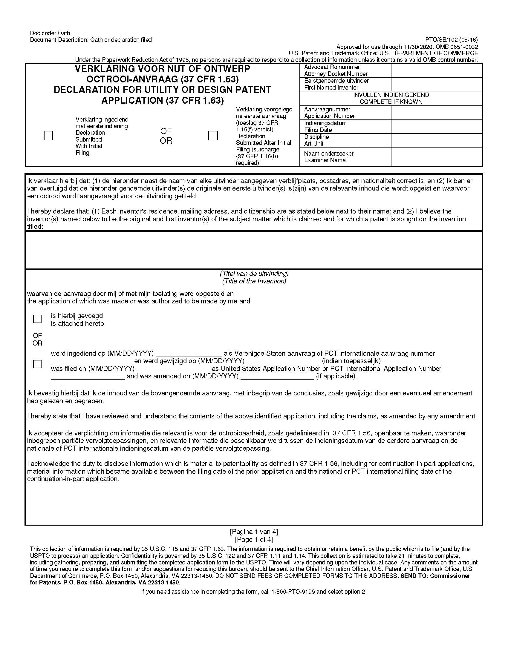 Declaration and Power of Attorney for Patent Application (Dutch Language Declaration) {PTO-SB-102} | Pdf Fpdf Doc Docx | Official Federal Forms