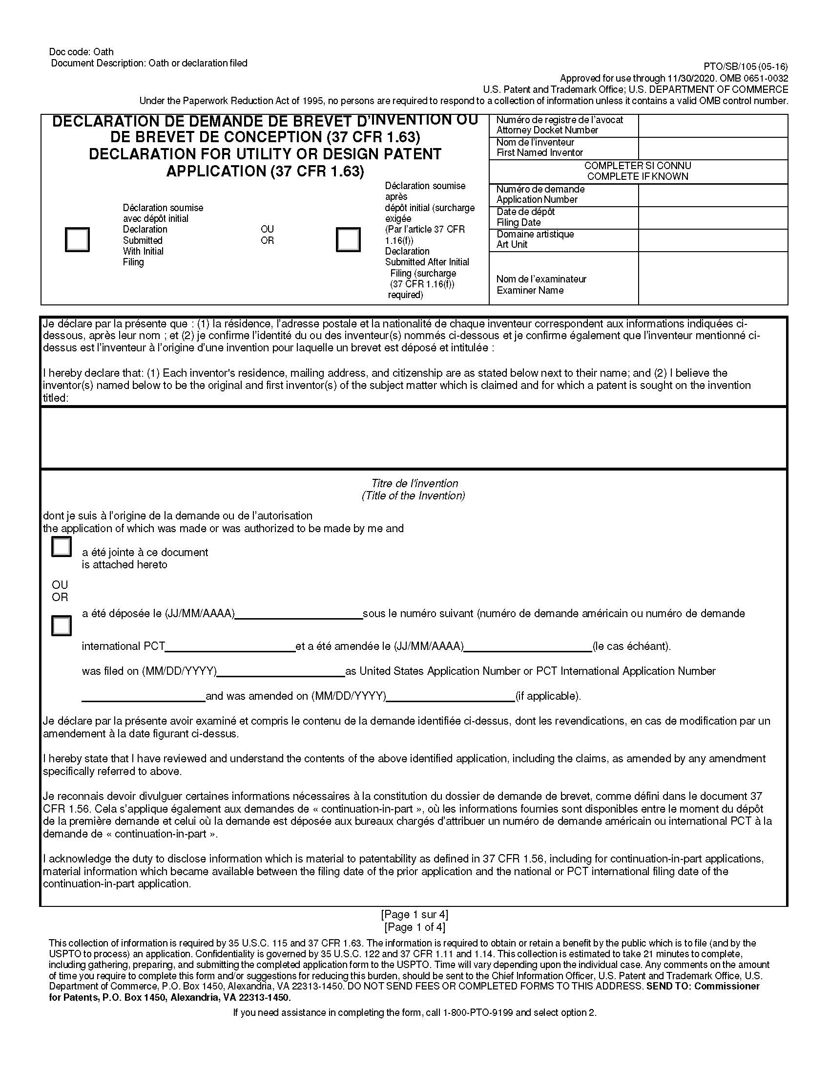 Declaration and Power of Attorney for Patent Application (French Language Declaration) {PTO-SB-105} | Pdf Fpdf Doc Docx | Official Federal Forms