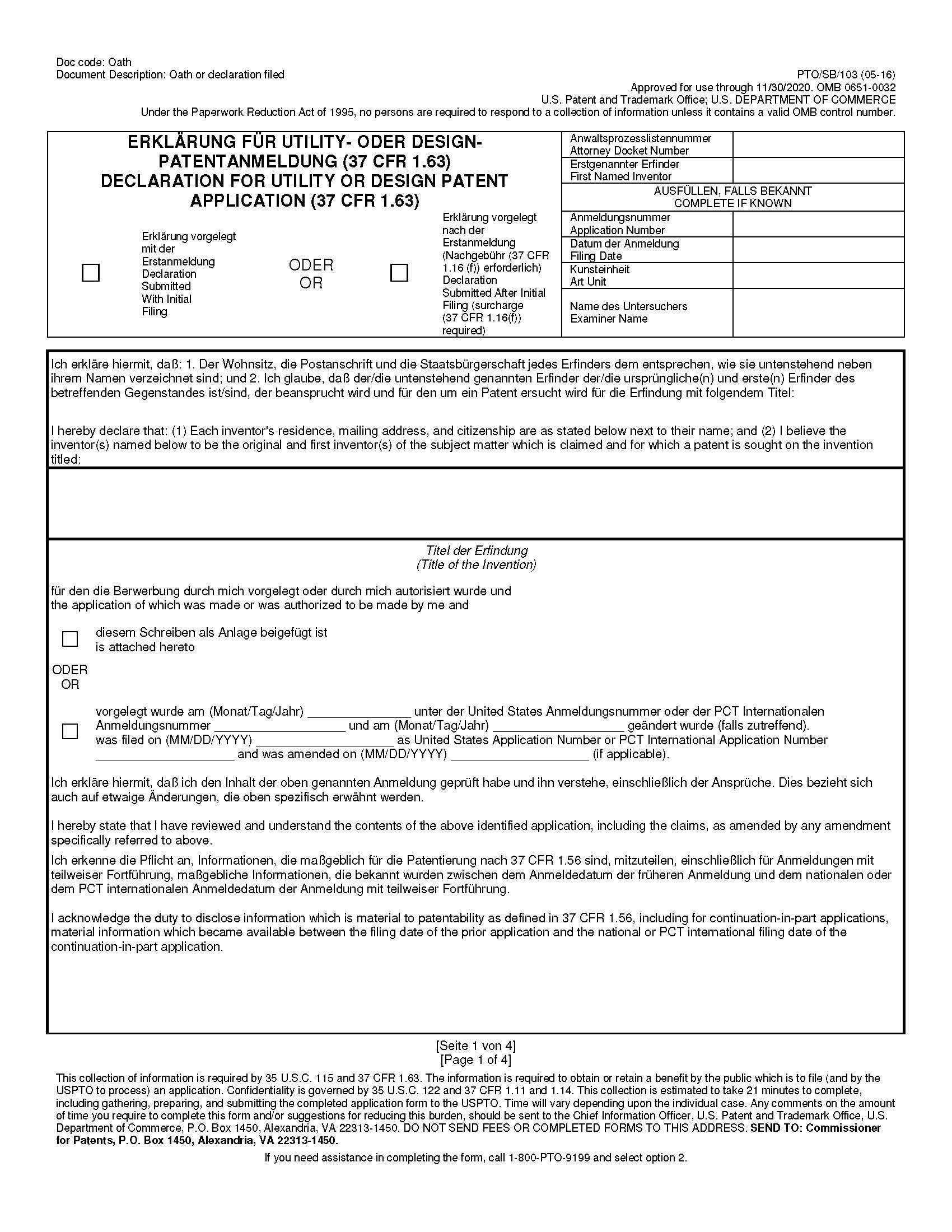Declaration and Power of Attorney for Patent Application (German Language Declaration) {PTO-SB-103} | Pdf Fpdf Doc Docx | Official Federal Forms