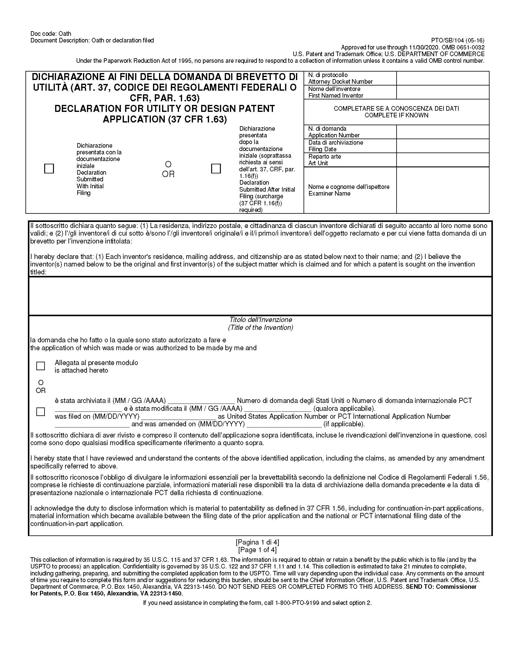 Declaration and Power of Attorney for Patent Application (Italian Language Declaration) {PTO-SB-104} | Pdf Fpdf Doc Docx | Official Federal Forms