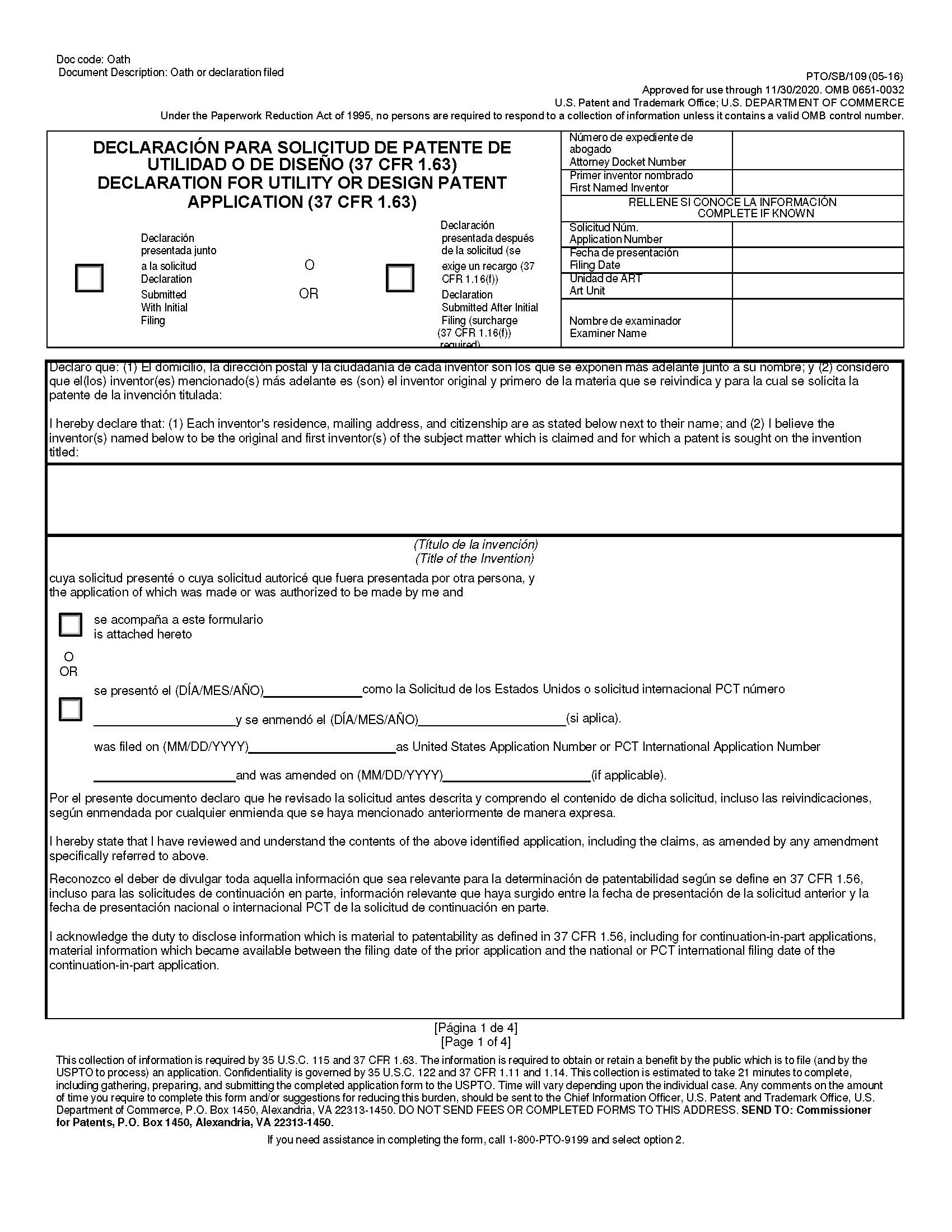 Declaration and Power of Attorney for Patent Application (Spanish Language Declaration) {PTO-SB-109} | Pdf Fpdf Doc Docx | Official Federal Forms