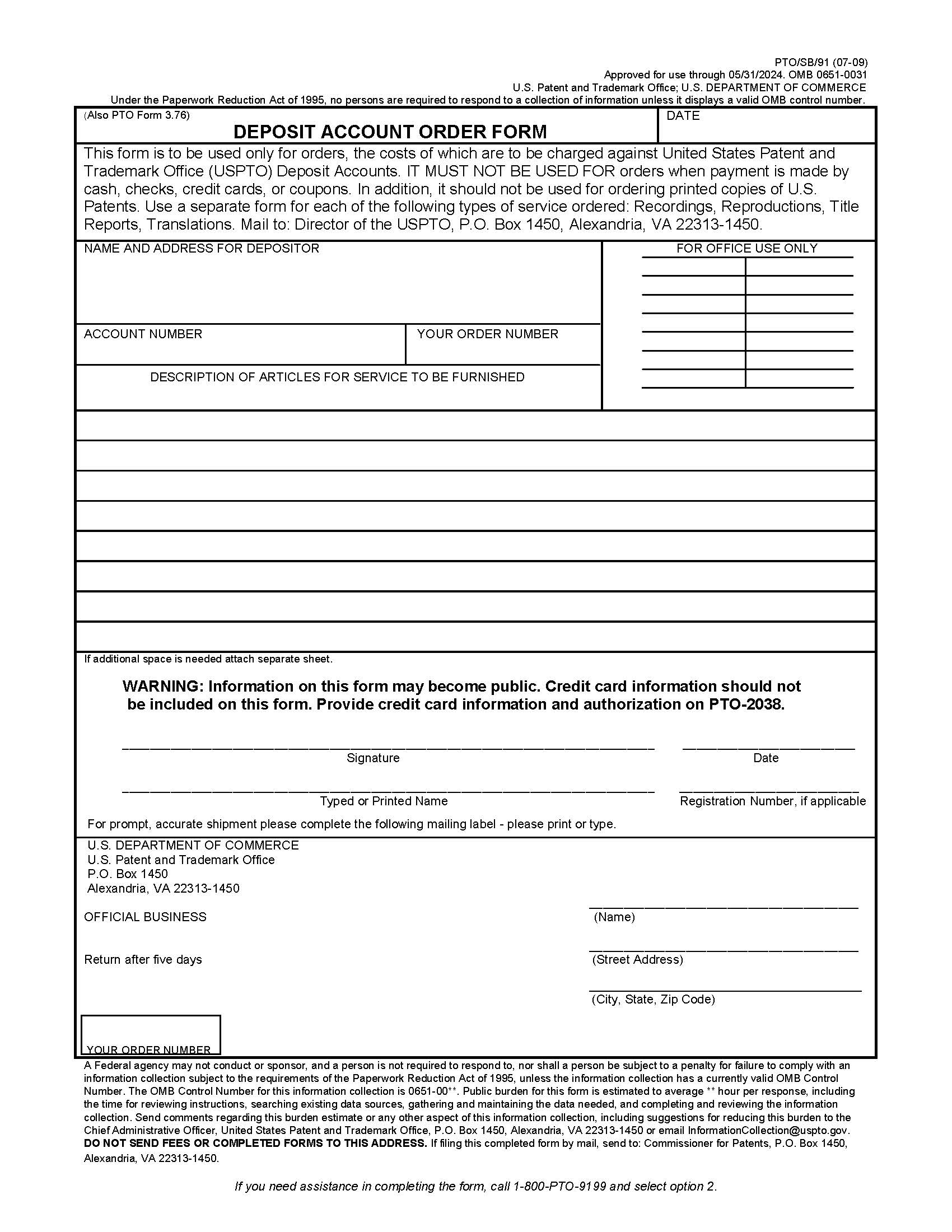 Deposit Account Order Form {PTO-SB-91} | Pdf Fpdf Doc Docx | Official Federal Forms