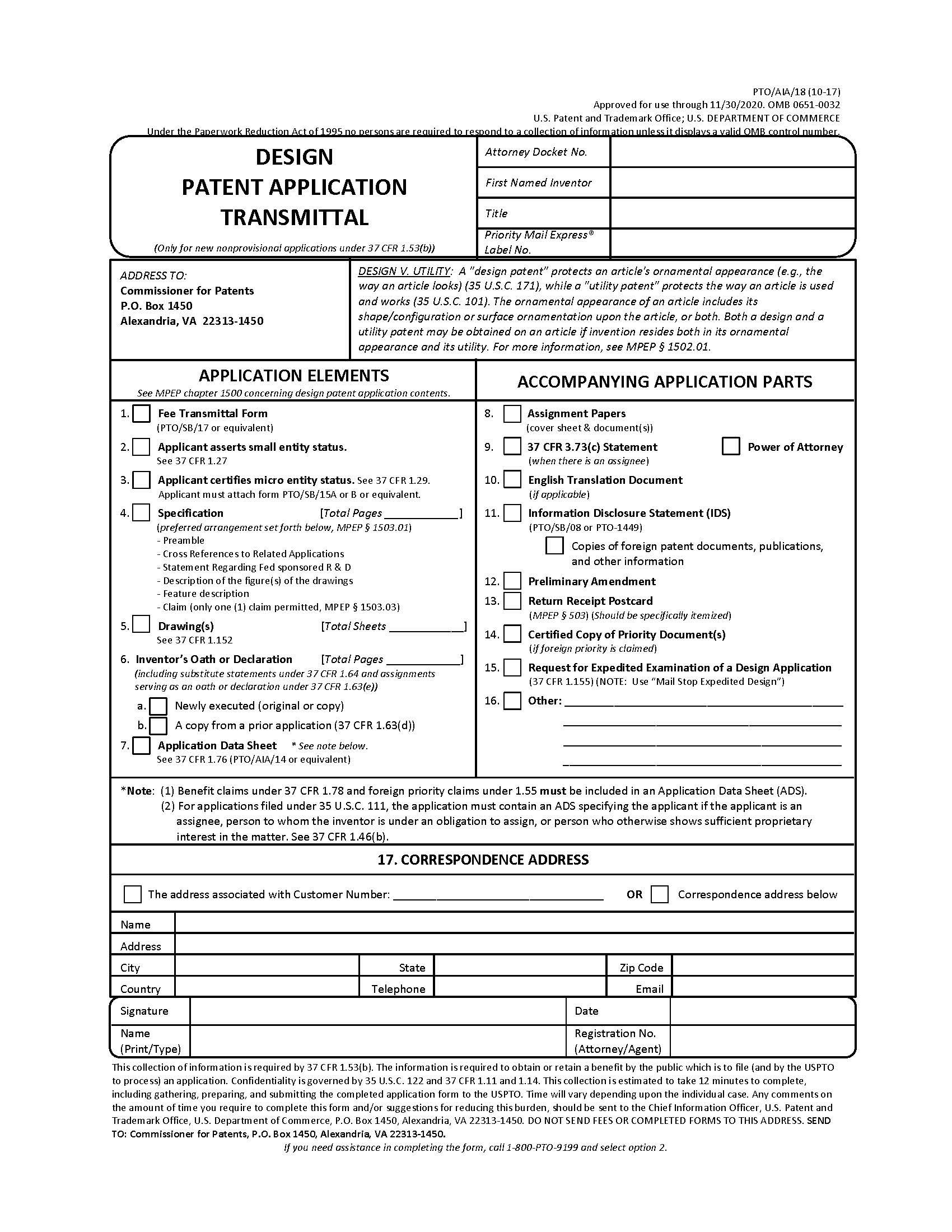 Design Patent Application Transmittal {PTO-AIA-18} | Pdf Fpdf Doc Docx | Official Federal Forms