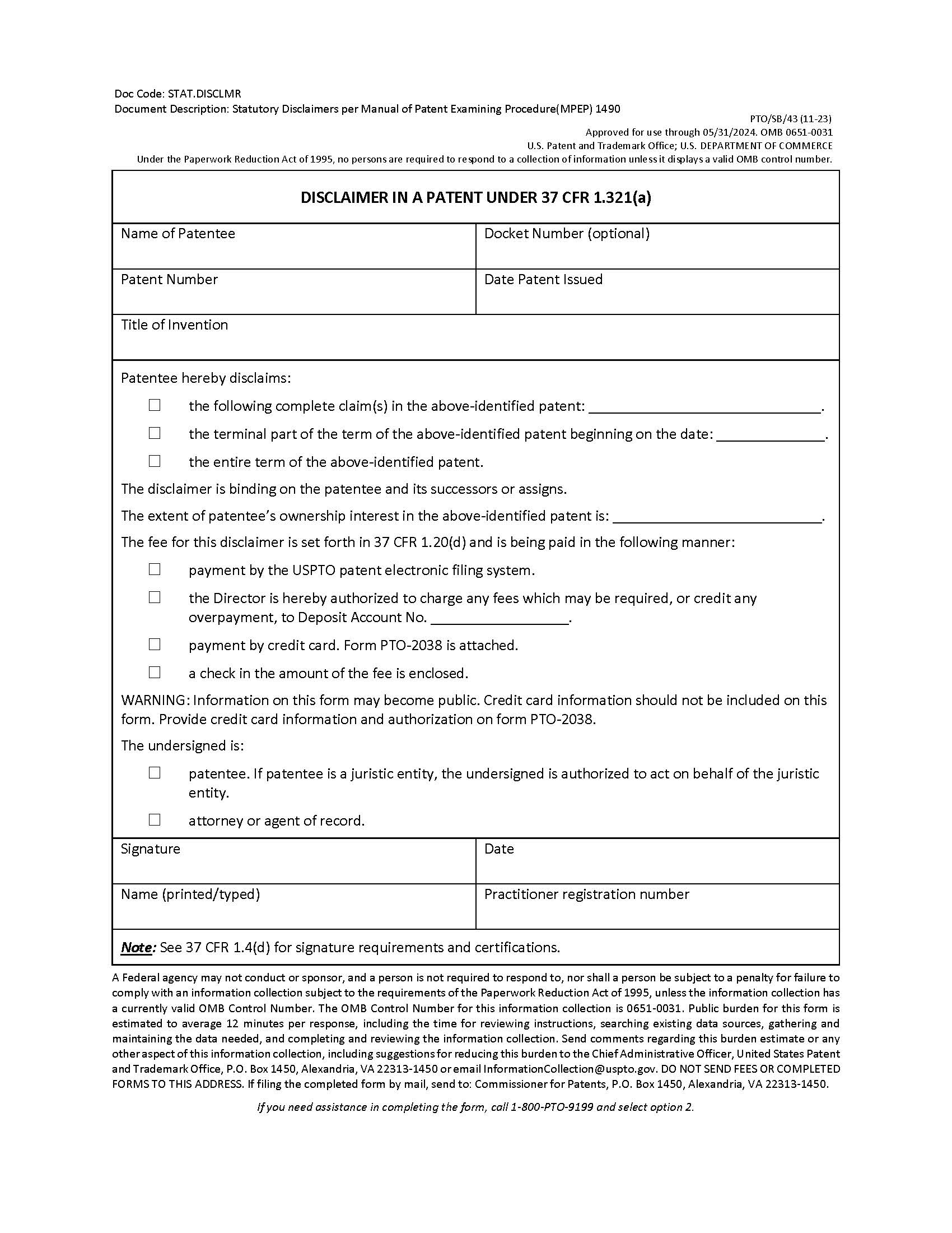 Disclaimer In Patent Under 37 CFR 1.321(a) {PTO-SB-43} | Pdf Fpdf Doc Docx | Official Federal Forms
