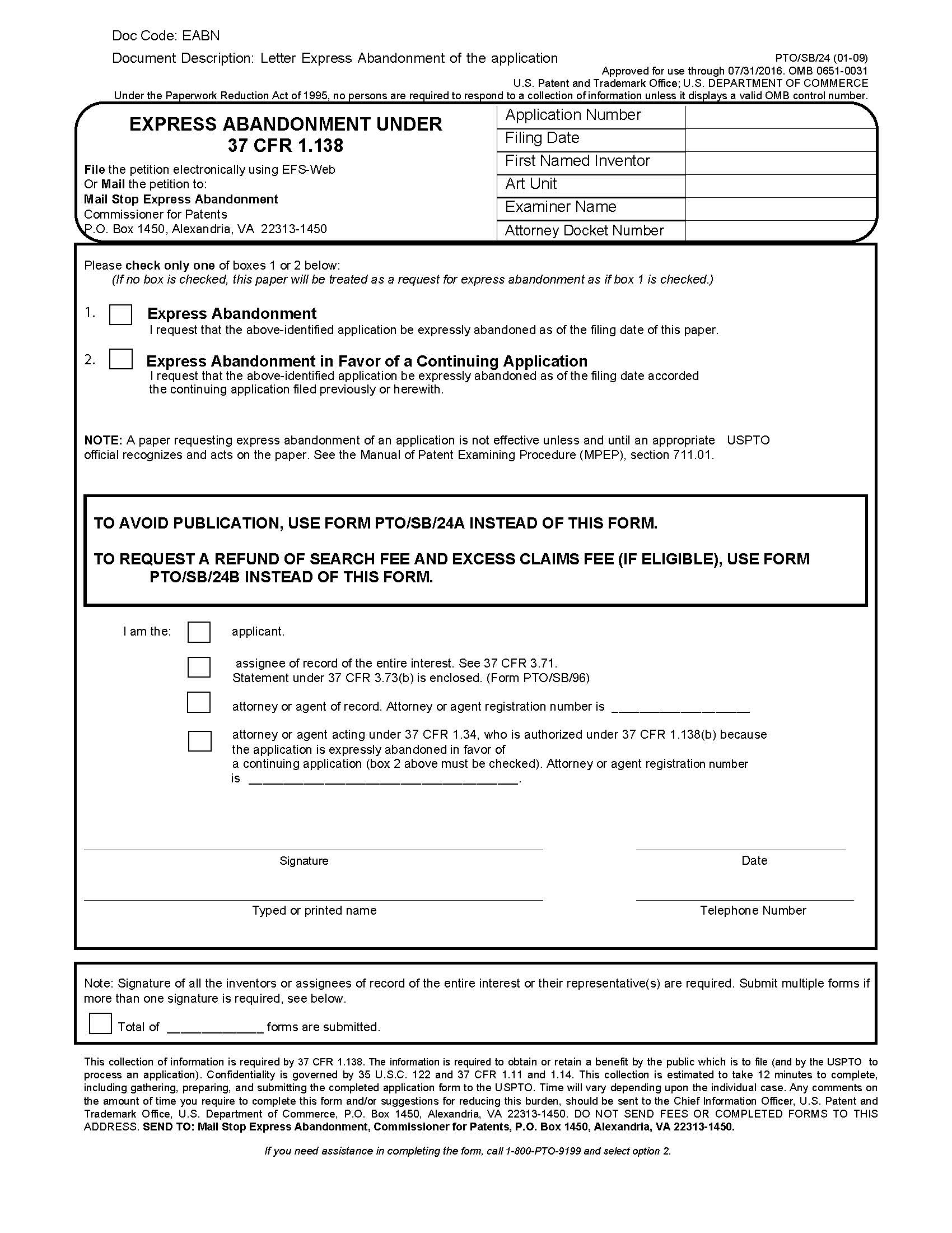 Express Abandonment Under 37 CFR 1.138 {PTO-SB-24} | Pdf Fpdf Doc Docx | Official Federal Forms