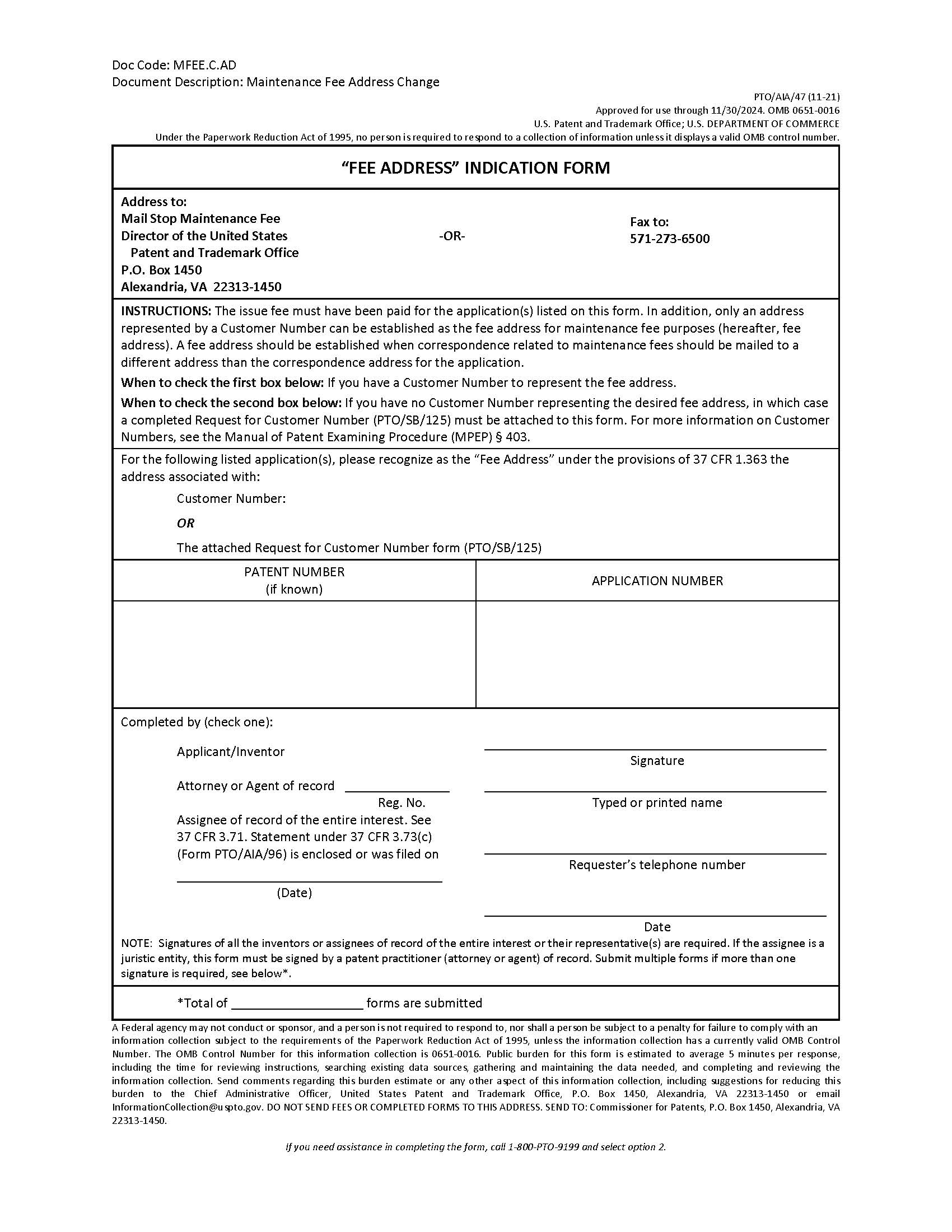 Fee Address Indication Form {PTO-AIA-47} | Pdf Fpdf Docx | Official Federal Forms