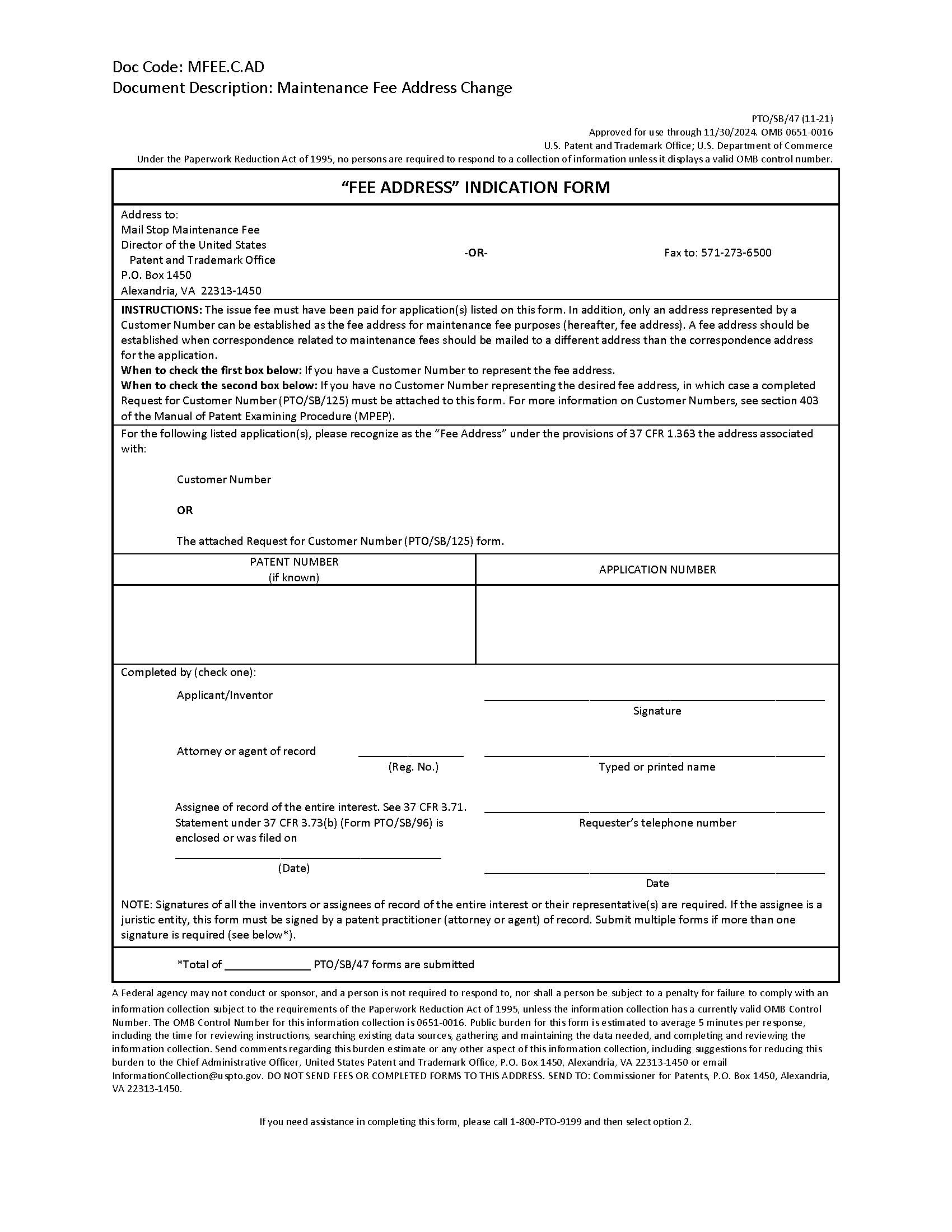 Fee Address Indication Form {PTO-SB-47} | Pdf Fpdf Docx | Official Federal Forms