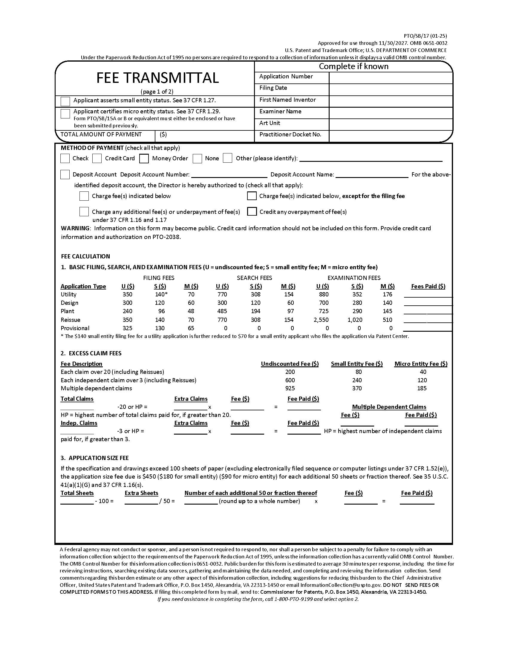 Fee Transmittal {PTO-SB-17} | Pdf Fpdf Doc Docx | Official Federal Forms
