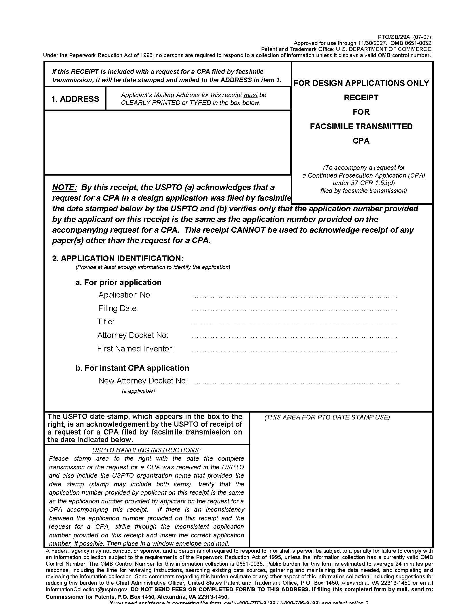 For Design Applications Only Receipt For Facsimile Transmitted CPA {PTO-SB-29A} | Pdf Fpdf Doc Docx | Official Federal Forms