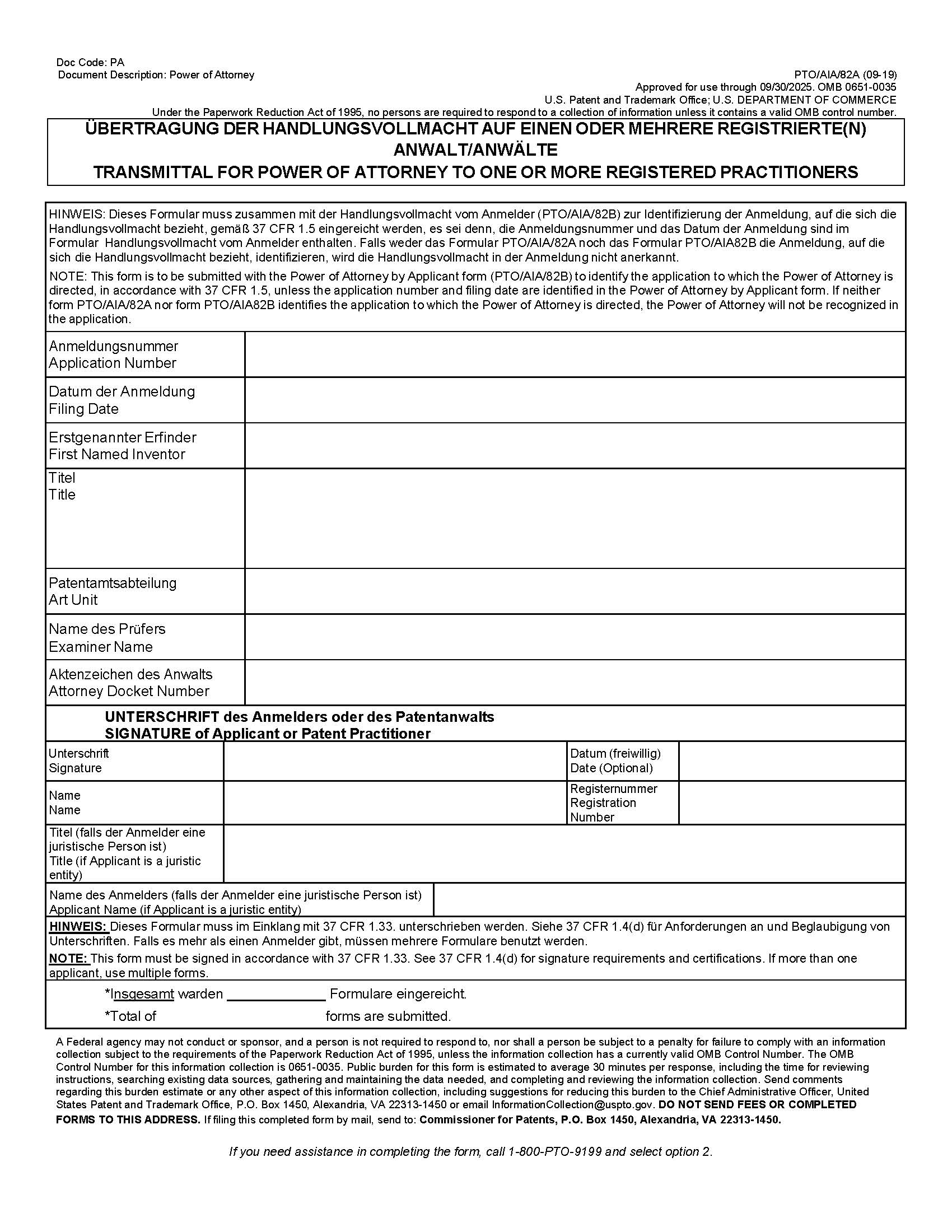 German Language Transmittal For Power Of Attorney To One Or More Registered Practitioners {PTO-AIA-82DE} | Pdf Fpdf Doc Docx | Official Federal Forms