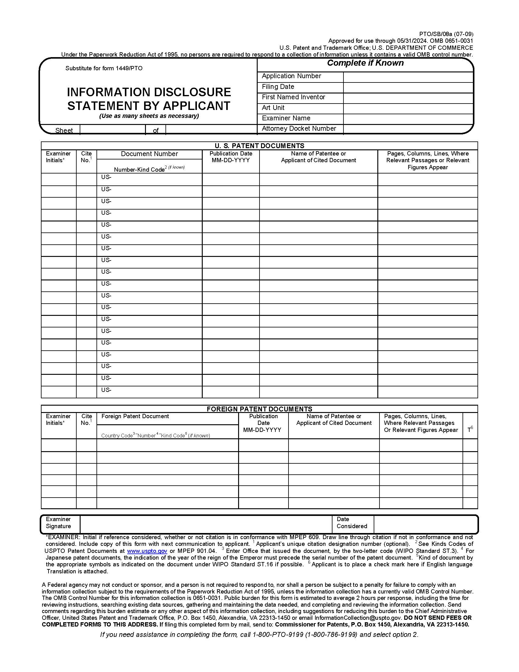 Information Disclosure Statement By Applicant {PTO-SB-08A} | Pdf Fpdf Doc Docx | Official Federal Forms