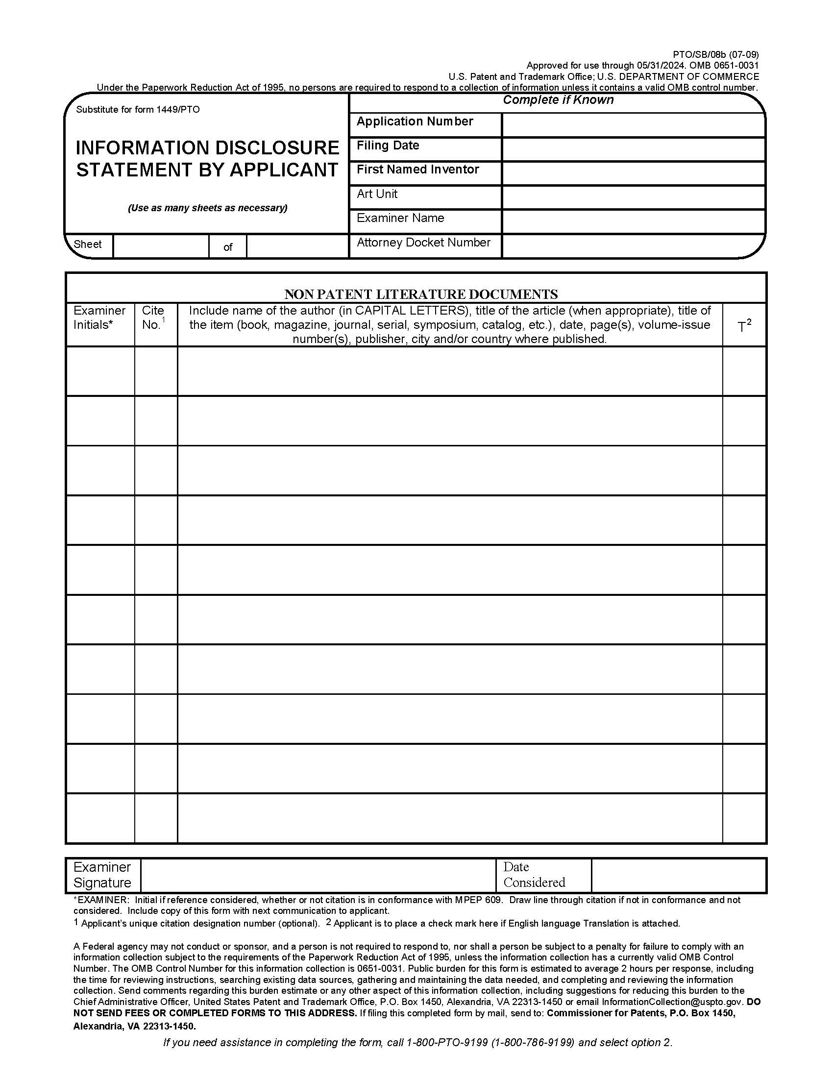 Information Disclosure Statement By Applicant {PTO-SB-08b} | Pdf Fpdf Doc Docx | Official Federal Forms